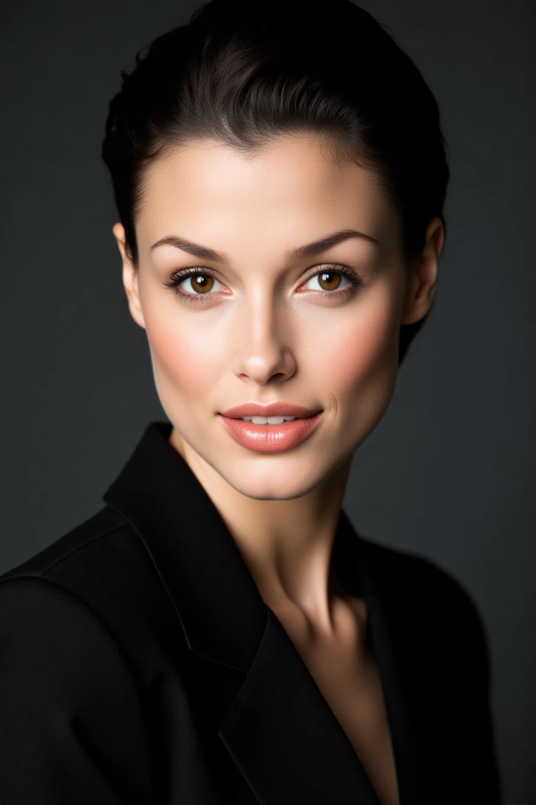 Create a close-up, high-fashion portrait of a woman with striking eyes and confident smile. Her hair is styled back in a sleek manner, revealing her facial features with clarity. She wears a sophisticated black outfit that exudes elegance and minimalism. The background is a smooth gradient of dark gray, enhancing the overall refined and contemporary aesthetic. The lighting is soft yet directional, highlighting her flawless complexion and subtle makeup, with a focus on her eyes and cheekbones. The mood of the portrait is polished, modern, and artistic.