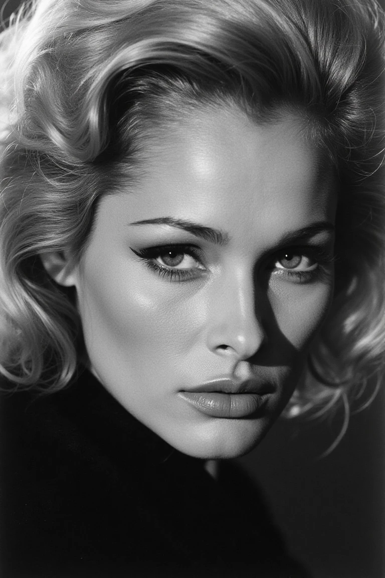 black and white portrait inspired by Peter Lindbergh's photographic style, a blonde woman looking directly into the camera with an intimate and deep expression.,ursulaflx