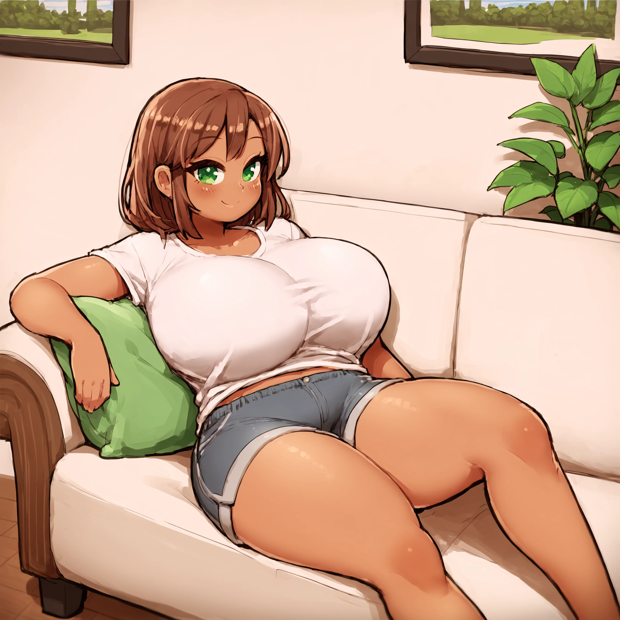 (masterpiece), best quality, (highly detailed), score_9, score_8_up, score_7_up, score_6_up, score_5_up, 1female, solo, <lora:Ichika_style:0.8>, sofa, room, indoor, brown hair, green eyes, tshirt, shorts, huge breasts, relaxing, smile,