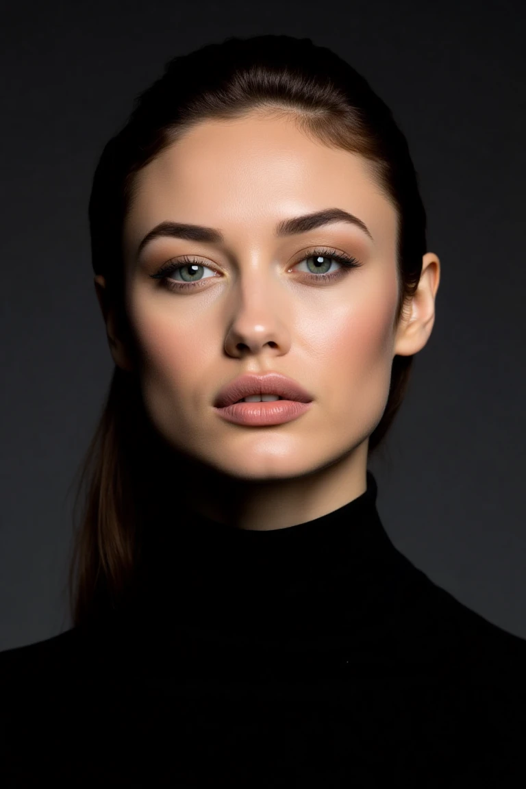 Create a close-up, high-fashion portrait of a woman with striking eyes and a calm, confident expression. Her hair is styled back in a sleek manner, revealing her facial features with clarity. She wears a sophisticated black high-collar outfit that exudes elegance and minimalism. The background is a smooth gradient of dark gray, enhancing the overall refined and contemporary aesthetic. The lighting is soft yet directional, highlighting her flawless complexion and subtle makeup, with a focus on her eyes and cheekbones. The mood of the portrait is polished, modern, and artistic.