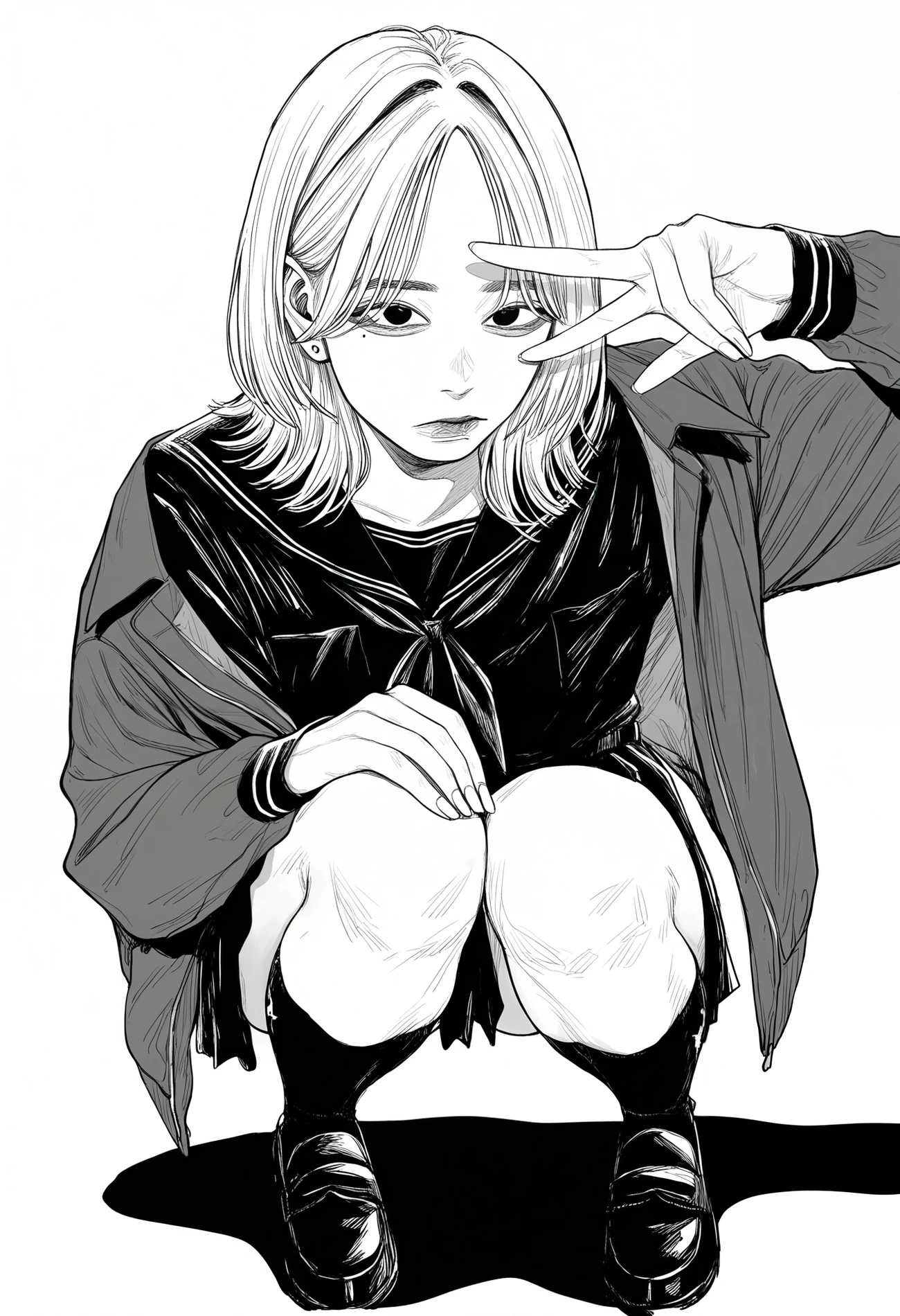 1girl, solo, medium hair, grey hair, parted bangs, hair intakes, black eyes, stud earrings, 
black serafuku, grey shirt, dress shirt, grey jacket, long sleeves, black socks, black footwear, 
squatting, hand on own knee, v over eye, 
masterpiece, best quality, amazing quality, absurdres, newest, monochrome, greyscale, realistic, 
<lora:owk_bsh_yy:0.8>