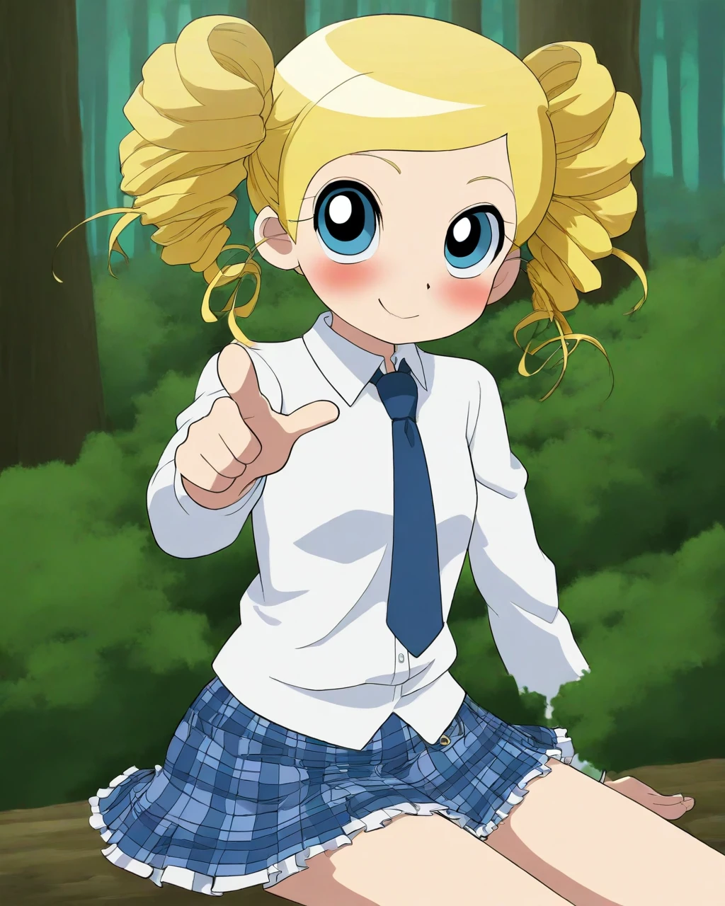 masterpiece, best quality, evnstnly, 1girl, solo, ppgzmiyako, miyakocasual, long sleeves, necktie, plaid skirt, short skirt, , happy, blush, pointing at viewer, looking away, sitting, upper body, forest