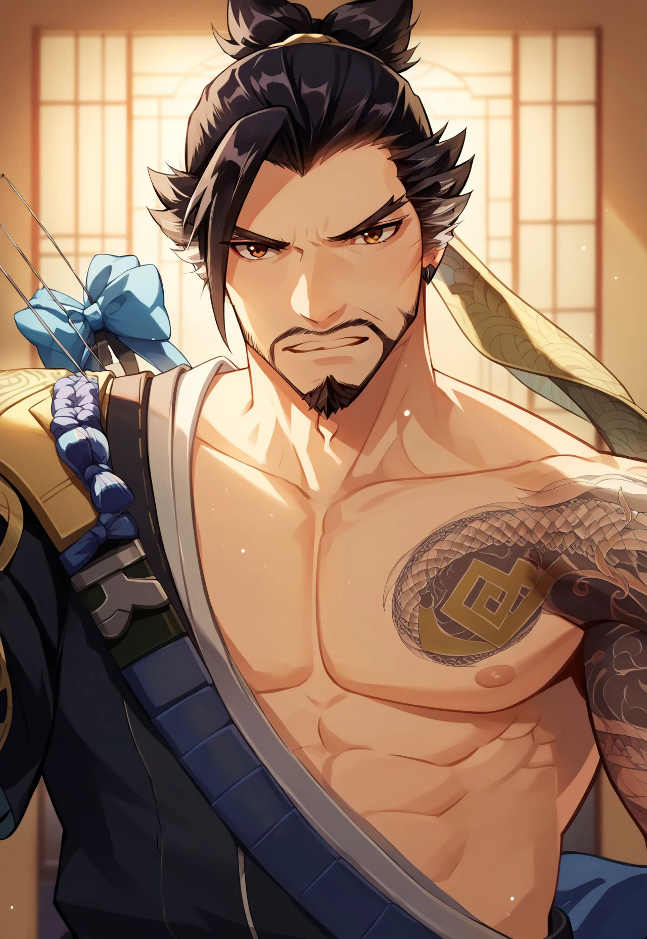 score_9, score_8_up, score_7_up, score_6_up, 8k, highest quality, high detail, masterpiece, best quality, beautiful lighting, (highest quality), source_anime, (best shadow), intricate details, ultra-detailed face, detailed eyes, perfect face, detailed eyes, anime, source_anime, BREAK, defined face, (1male, bara, daddy, mature male, Hanzo_OW, black hair, ponytail, dark brown eyes, goatee, facial hair, hadanugi dousa, arm tattoo), bow aiming,, kyudo-aiming,, aiming,, bow (weapon),, arrow (projectile),, drawing bow,, holding arrow,, holding bow (weapon),, Long bow,, recurve bow,, compound bow,, Aiming a Bow,