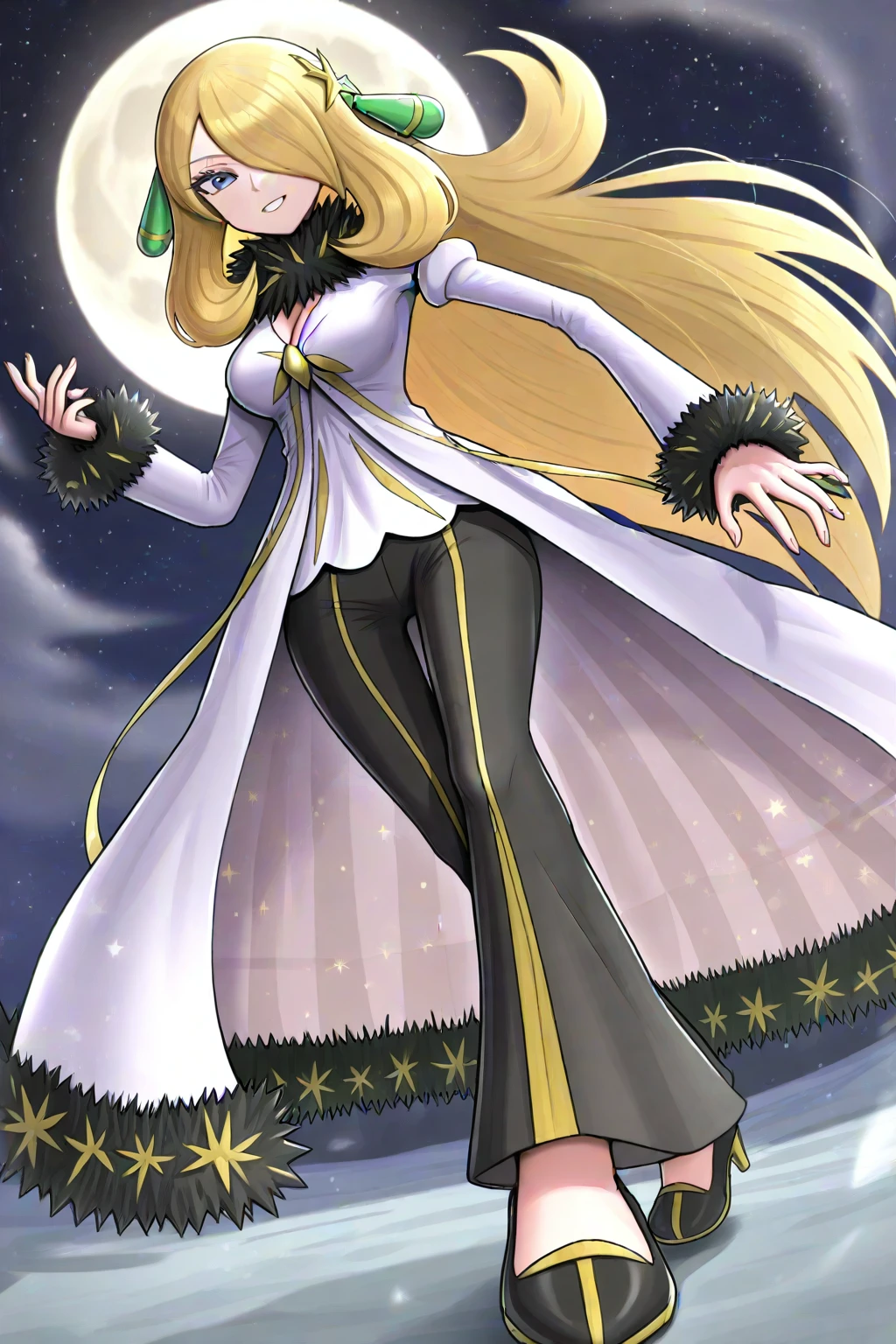 [hinosaki, gonzarez, leveen], (1girl), solo, standing, full-body, starry_sky, moon, night, smile, arccynthia, [[cynthia_\(pokemon\)]], very_long_hair, blonde_hair, hair_over_one_eye, grey_eyes, emerald_hair_ornament, deatached_sleeves, fur-trimmed_sleeves, white_coat, fur-trimmed_coat, black_fur_trim white_sleeves, fur_collar, black_pants, shoes, black_footwear, official_alternate_costume, medium_breasts, masterpiece,amazing quality, very aesthetic, high resolution ,ultra-detailed, absurdres, newest