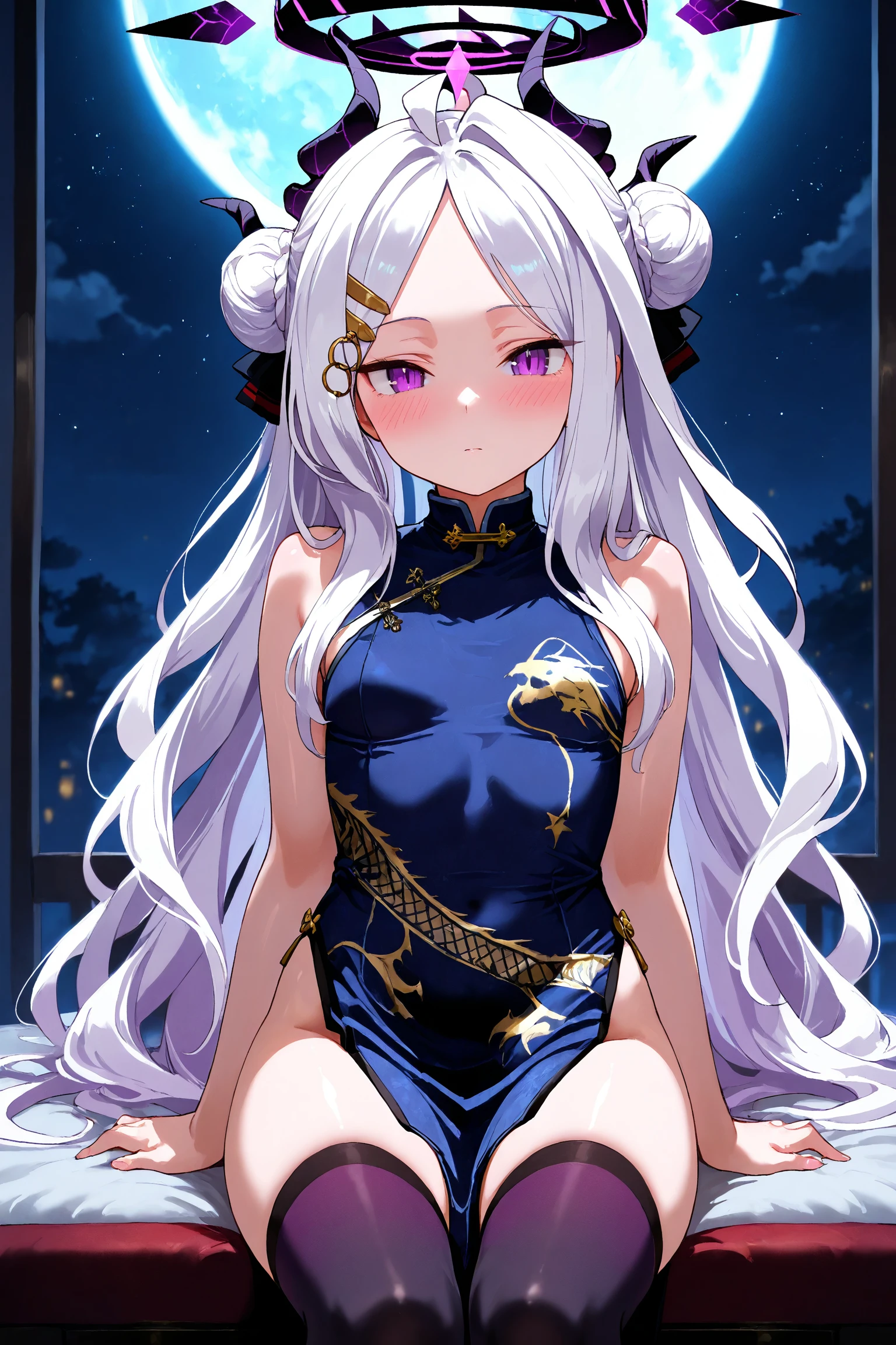 masterpiece, best quality, absurdres, newest, 1girl, solo, hina \(blue archive\), long hair, dark background, stars, moonlight, full moon, breasts, looking at viewer, blush, bangs, simple background, thighhighs, white background, dress, sitting, purple eyes, white hair, horns, black thighhighs, hair bun, parted bangs, double bun, halo, chinese clothes, demon horns, china dress, pelvic curtain, multiple horns