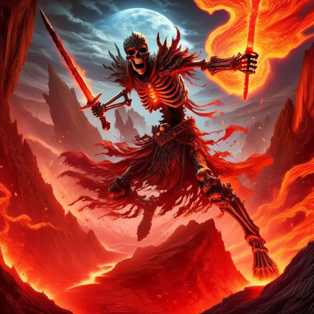 anime artwork skellies,  skeletal warrior, leaping into the air, holding a flaming sword, ancient volcanic terrain, flowing lava, fiery embers, dynamic pose, high angle, intense red lighting, epic action, dramatic scene<lora:Skeletal Warriors- sdxl1.0:1> . anime style, key visual, vibrant, studio anime,  highly detailed