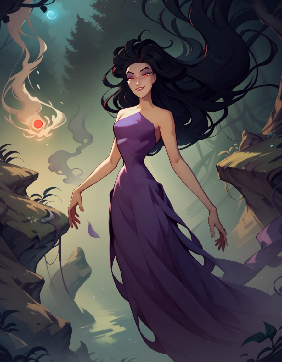 score_9, score_8_up, score_7_up, score_6_up, 
1girl,solo,
ErisDG,
long hair, black hair, red eyes, makeup, 
floating hair,
smoke, full body, 
forest,  fantasy, night, glowing, 
half closed eyes, looking at viewer, smile,
 <lora:Eris PXL v02-000003:1>