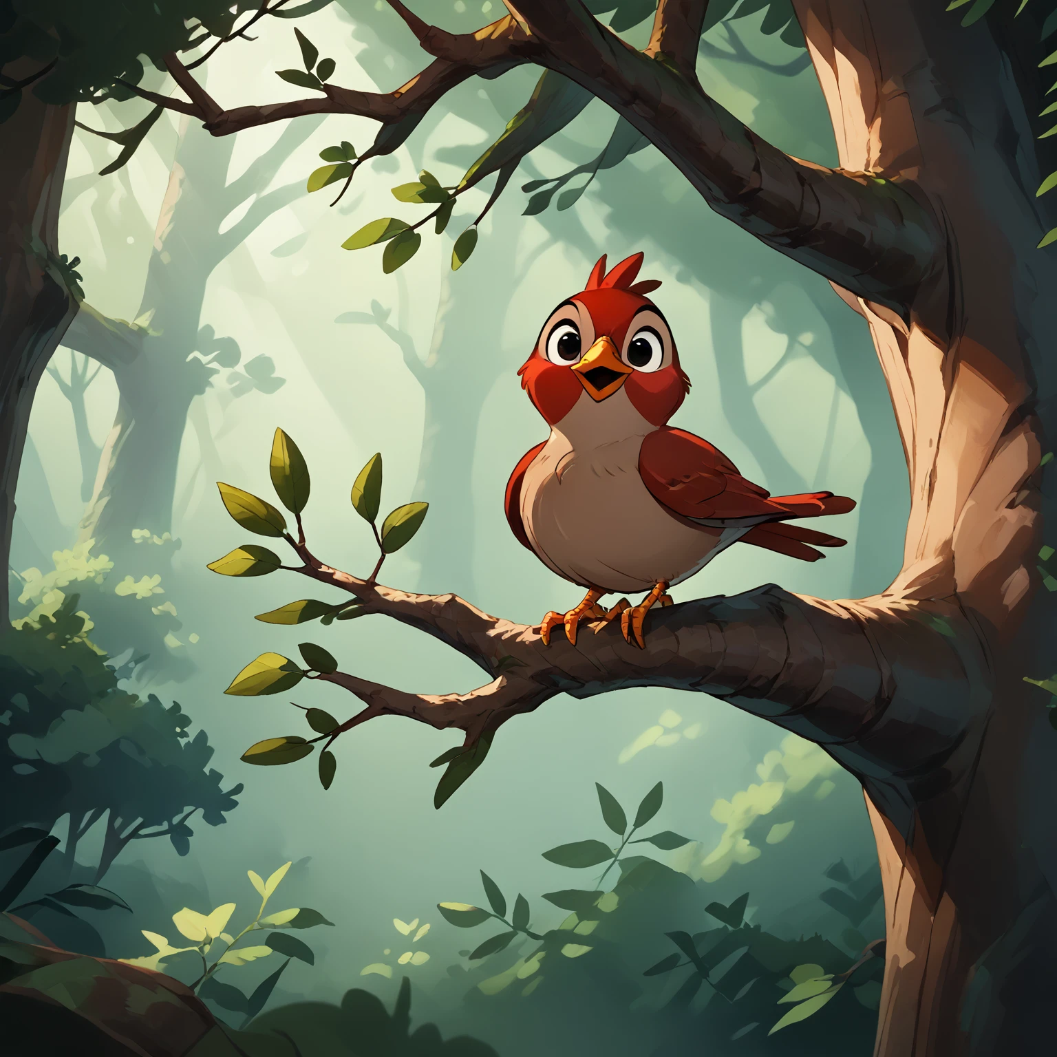 source_9, Source_8_up, Source_7_up, Source_6_up, cartoon animation, 1bird, solo, cute red robin bird, happily chirping, on a branch of tree, in a mystical magic forest, day, dappled light, <lora:Animated_Cartoon:0.8> 4n1m4710n_c4rt00n