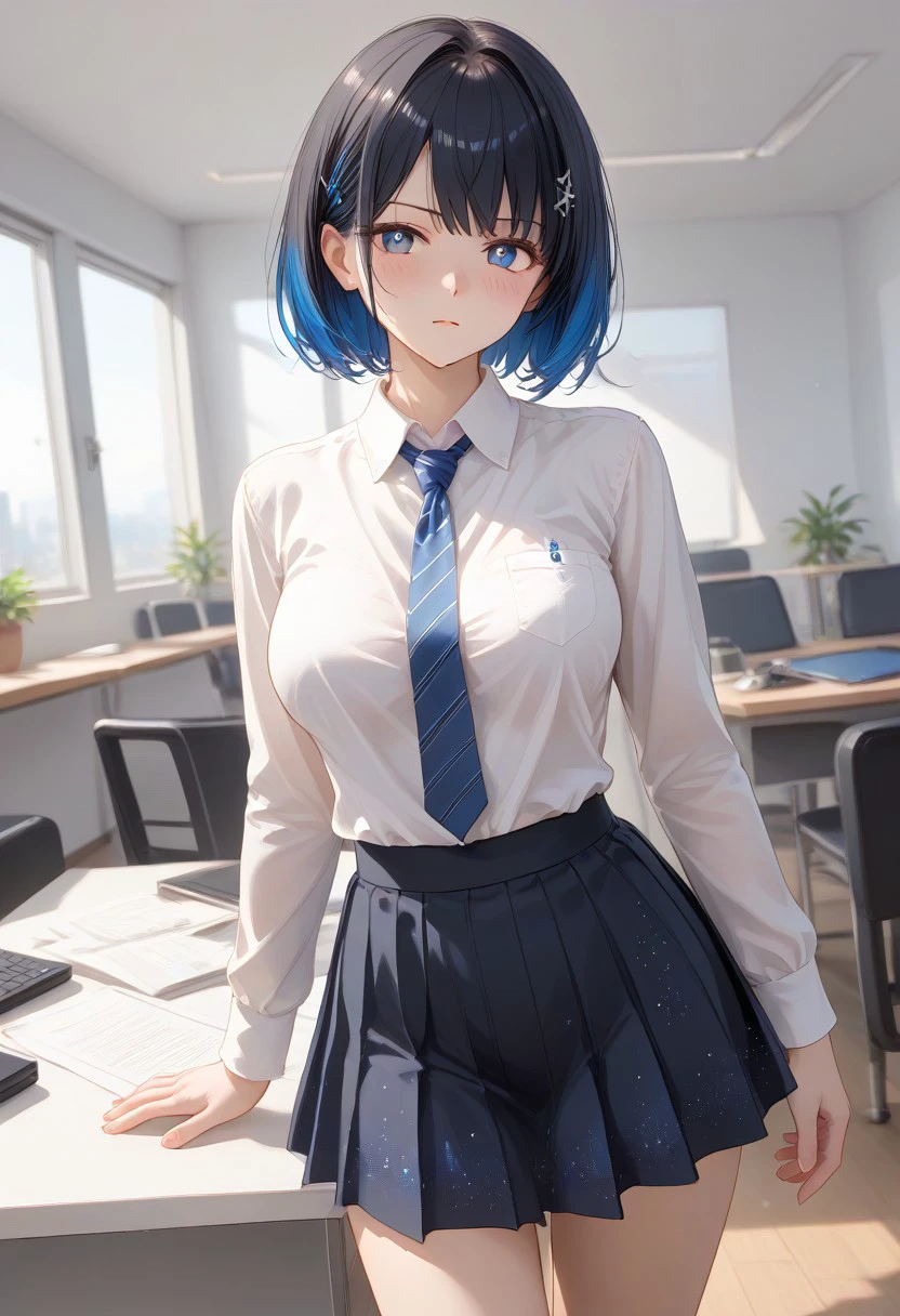 (Shion Tachibana, Short hair, Black hair, Multicolored Blue hair, Expressive eyes, Blue crystal eyes), perfect face, Serious expression, Blushing, Perfect body, Tall, White skin, Large breasts, white shirt, Long sleeves, blue tie, blue ribbons, black short skirt, office room, Windows, Table, Chair, indoor, Wide Angle Camera, (masterpiece, detailed:1.2), (High Resolution), (More Details), (8K), (High Resolution), Aesthetic style, (glitter), soft anime, intricate colors, vibrant colors, color detail, ((Anime illustration)), ((Incarnate detail)), ((Masterpiece)), ((Highest quality)), easynegative,