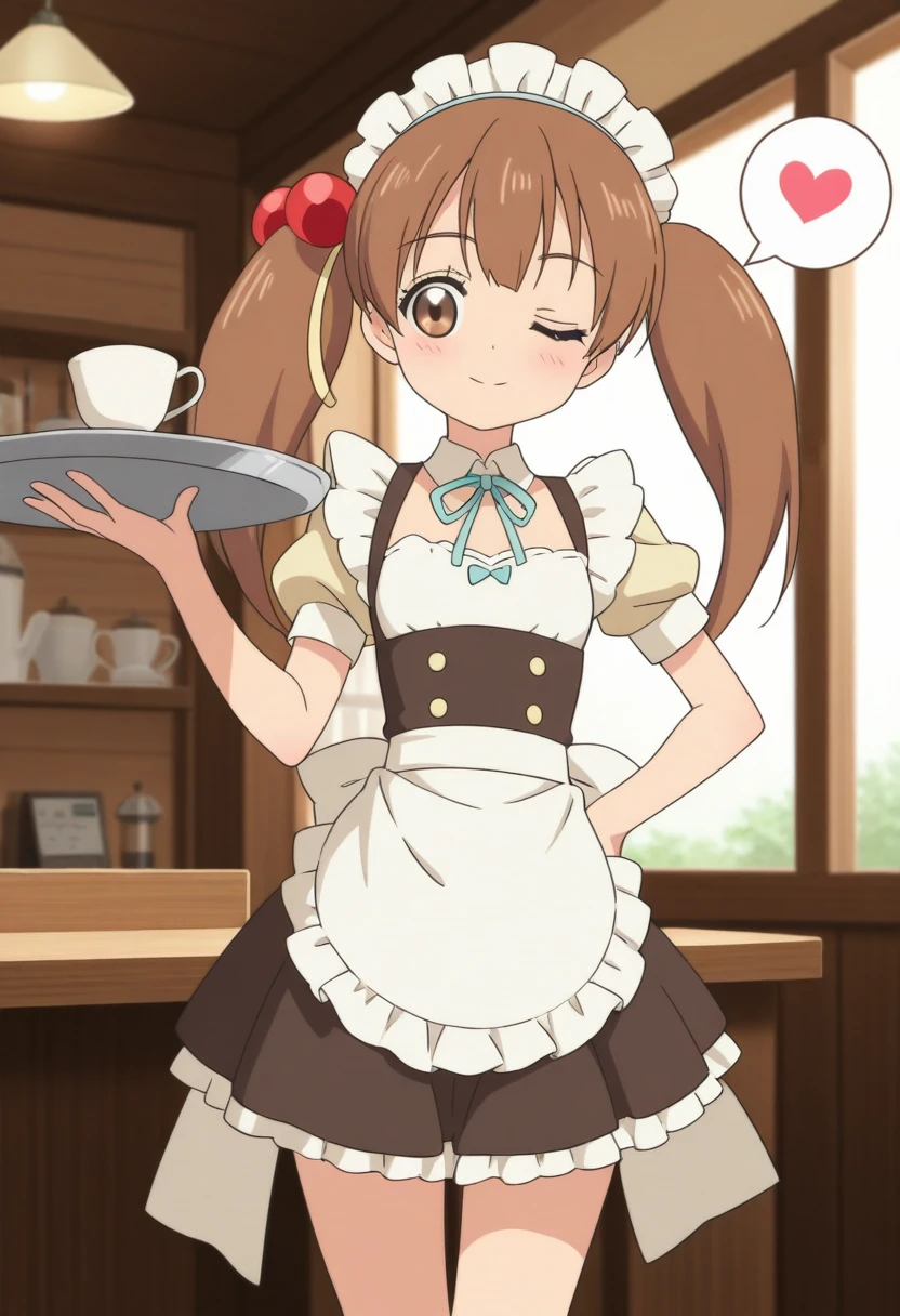 best quality, masterpiece, jpairi, twintails, brown hair, hair ornament, hair bobbles, long hair, cafe, maid headdress, maid outfit, tray, one eye closed, spoken heart,