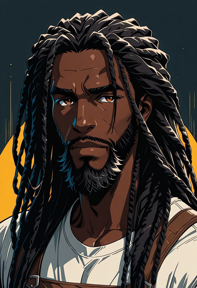 masterpiece, best quality, newest, absurdres, highres,  anime, anime style 1boy, IllustratedafricanmaleV1.5, dark-skinned male, african male, african, DredlocksIL-V1.5, dredlocks, beard, facial hair,