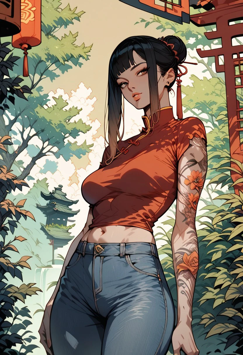 score_9, score_8_up, score_7_up, score_6_up, 1woman, mature woman,Mei, MeiRH,
Very long black hair, brown gradient hair, high hair bun, brown eyes, pale skin, medium breasts, full right arm tattoo, denim pants, off shouders t-shirt, belly exposed, chinese garden, outdoors,