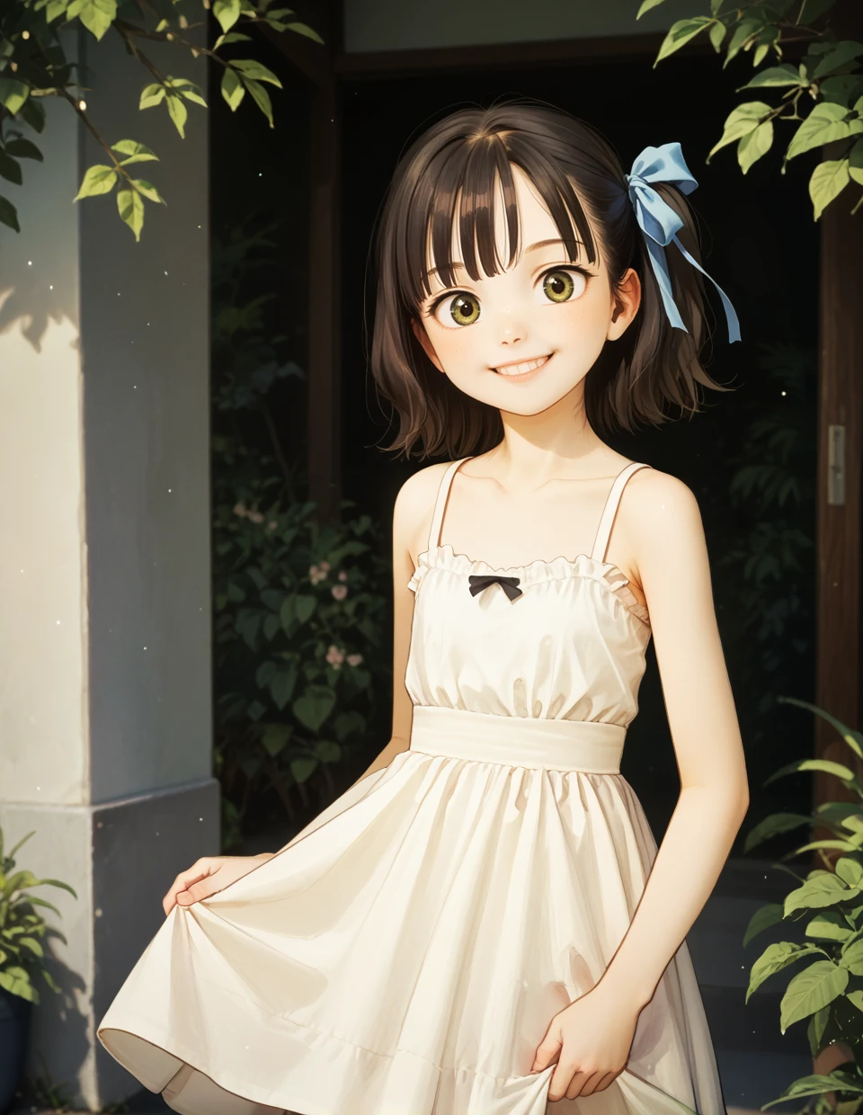 higashiyama shou, lineart, blue sundress, sfw, rating safe, young, hair ribbon, smile,
 <lora:Higashiyama_Shou_PonyXL_Style:1>