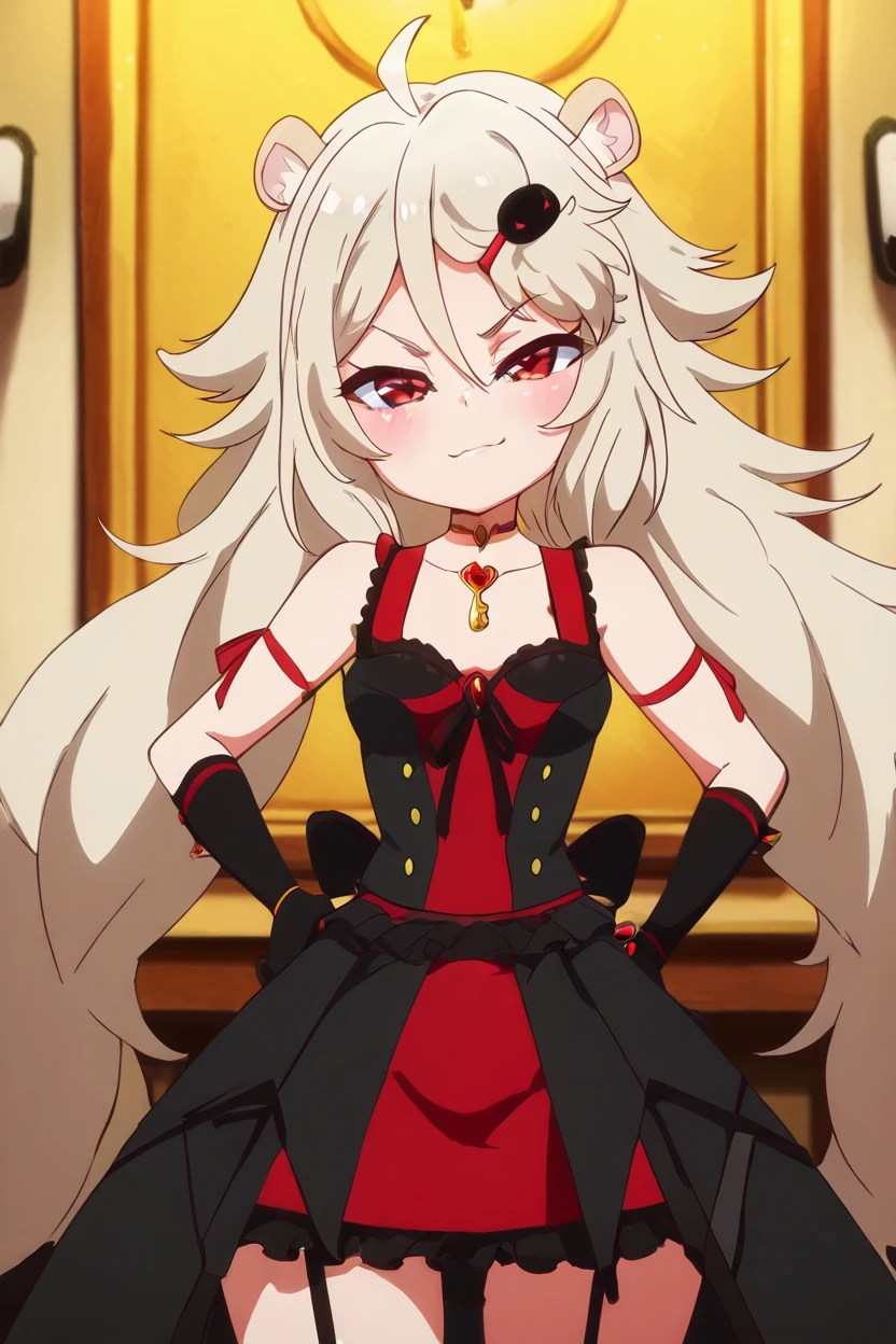 masterpiece, best quality, solo, curvy, beautiful eyes,zzAilane, red eyes, ahoge, blonde hair, grey hair, hair ornament, hairclip, long hair, hair between eyes, animal ears, animal ear fluff,  dress, ribbon, bare shoulders, jewelry, frills, choker, black gloves, elbow gloves, necklace, ring, cross, lion ears,  <lora:Ailane_ShowByRock_IXL:1.0>, cowboy shot, hand on hip, smug, smile, looking at viewer, shiny skin,<lora:DiivesIXL:1.0>,