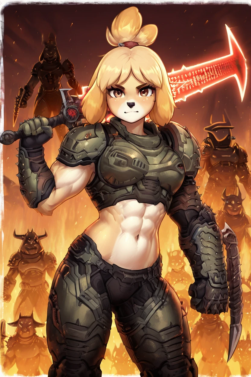 masterpiece, best quality, eyelashes, (beautiful eyes), solo, zzIsabelleDoom, brown eyes, topknot, dog ears, looking at viewer, navel, holding, weapon, solo focus, midriff, sword, holding weapon, armor, cosplay, muscular, holding sword, abs, toned, muscular female, over shoulder, weapon over shoulder, power armor, border, white border, energy sword, crucible (doom), <lora:IsabelleDoomSlayerIXL:1.0>,