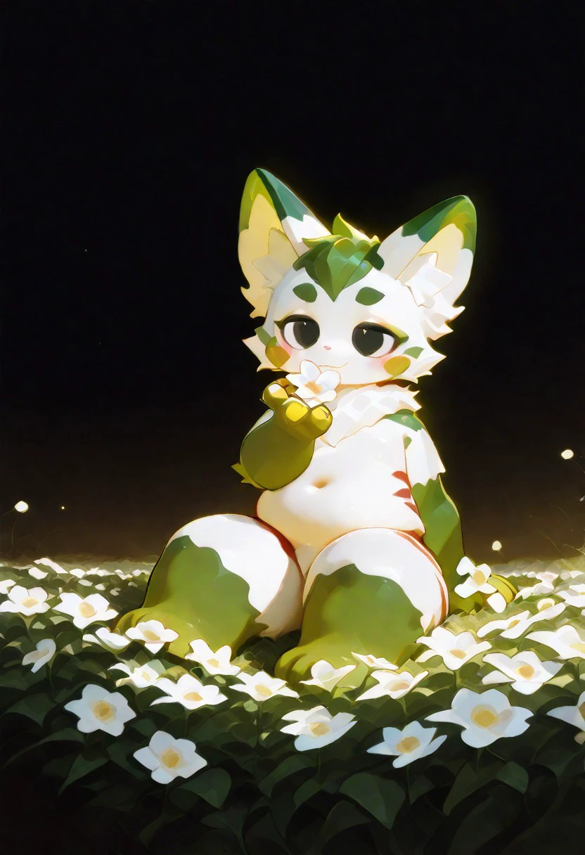 chachamaru (prime idol), artist:zuppu11, unnamed_style_1, unnamed_style_2, calculus_0001, r5k8m, momowaa, 1boy, solo, furry, cute, kemono, masterpiece, best quality, very awa, very aesthetic, absurdres, full body, flower sea, happy, sitting, flower on hands