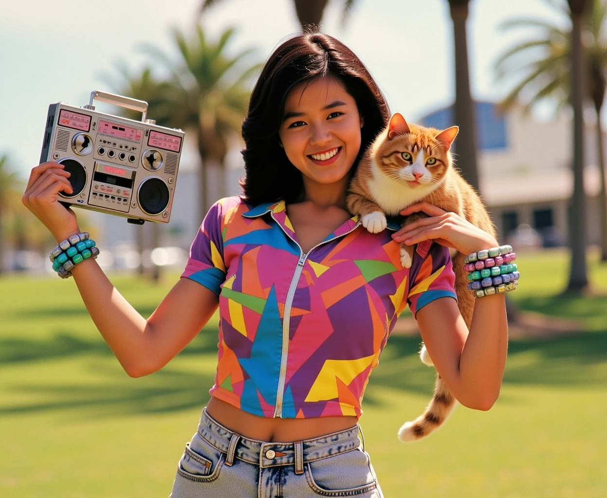 1980s poster featuring a smiling woman outdoors with a vibrant cat on her shoulder. She wears a fitted shirt with bold, geometric patterns in neon colors and high-waisted acid-wash jeans. In her hand, she holds a retro boombox with one hand, and a chunky plastic bracelet adorns her wrist, and she is holding the cat with her other hand. The natural lighting highlights her joyful expression and the cat. The background features a sunlit urban park with scattered palm trees. The woman has dark hair.