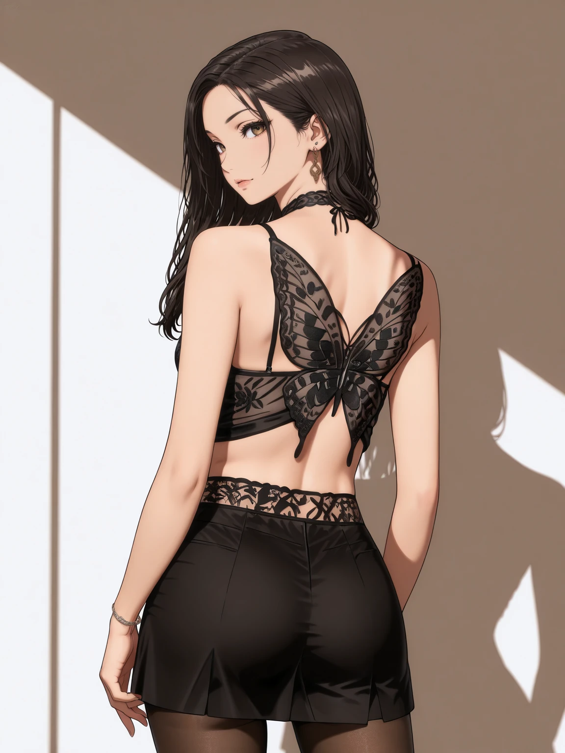 Masterpiece,best quality,vector art,looking at viewer
butterfly_top, a woman in a black lingerie with a butterfly back ,wearing butterfly_top, butterfly design embroidery, back view,pantyhose,
 <lora:edgButterflyILS:1>