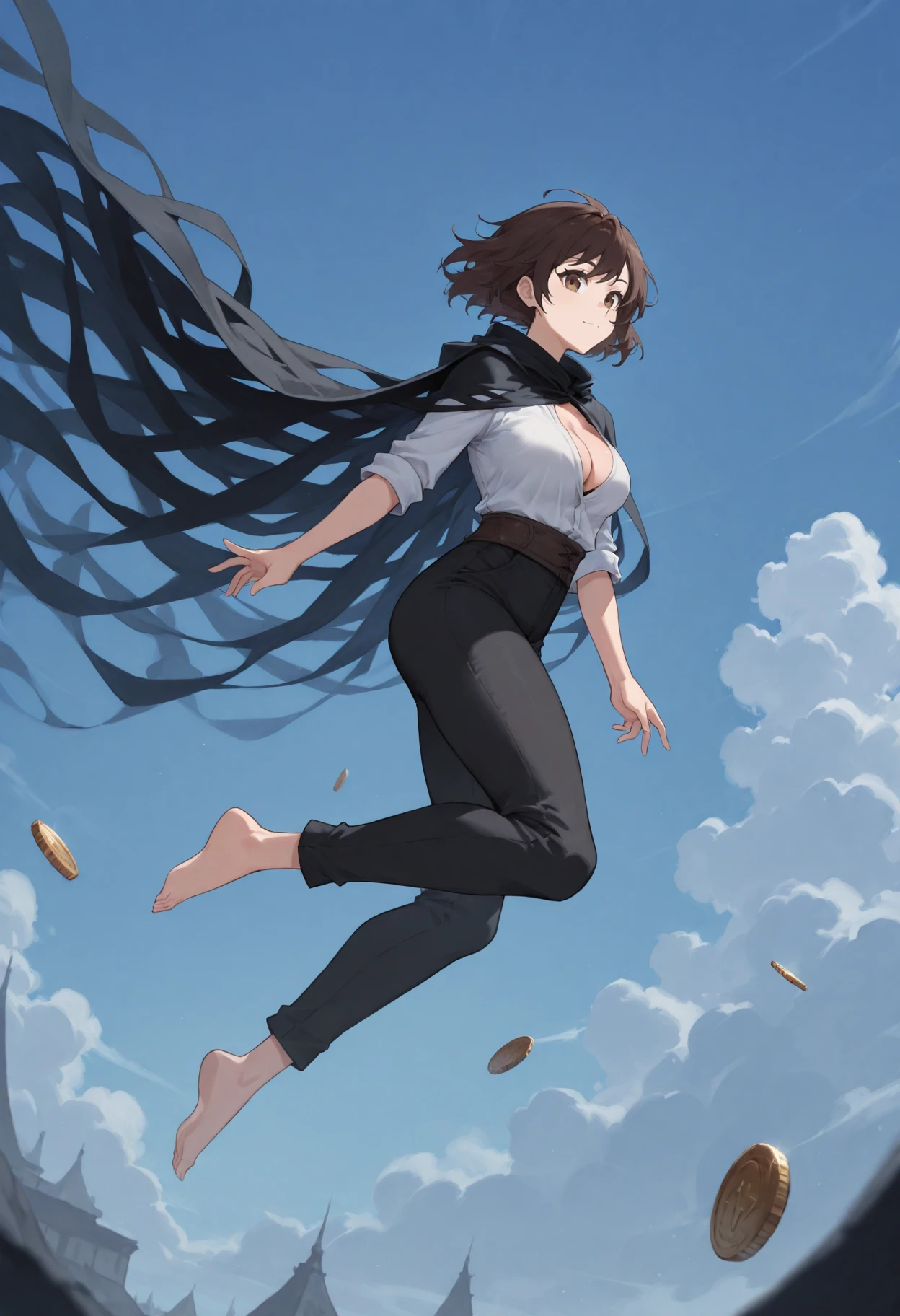 v1n, floating, coin, 1girl, solo, tasselled cloak, brown eyes, short brown hair, white shirt, cleavage, black pants, barefoot, blue sky, <lora:VinIllustrious:0.8>