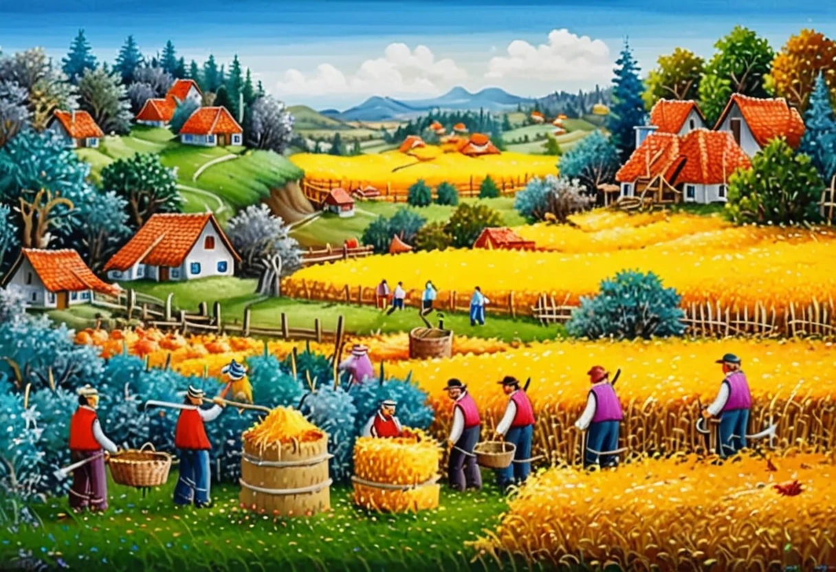 dr4g4n, style of dr4g4n,,A colorful and vibrant naÃ¯ve art painting of several men harvesting hay in a wide-open field under a bright, sunny sky. The men are depicted with simplified, almost childlike features, wearing straw hats, plain shirts, and pants, each holding tools like scythes or pitchforks. The golden hay, green grass, and blue sky are rendered in bold, saturated colors with minimal shading. In the background, a wooden cart piled high with hay is pulled by oxen, while small cottages and trees dot the horizon. The composition is lively and cheerful, with exaggerated proportions and a playful sense of perspective that emphasizes the rural sceneâs warmth and simplicity. <lora:dr4g4n:1>,<lora:SDXLFaeTastic2400:0.4> <lora:extremely_detailed:0.4> extremely detailed, Masterpiece,best quality,hi res,8k,hi res,8k,award winning,(sharp focus, intricate, highly detailed),