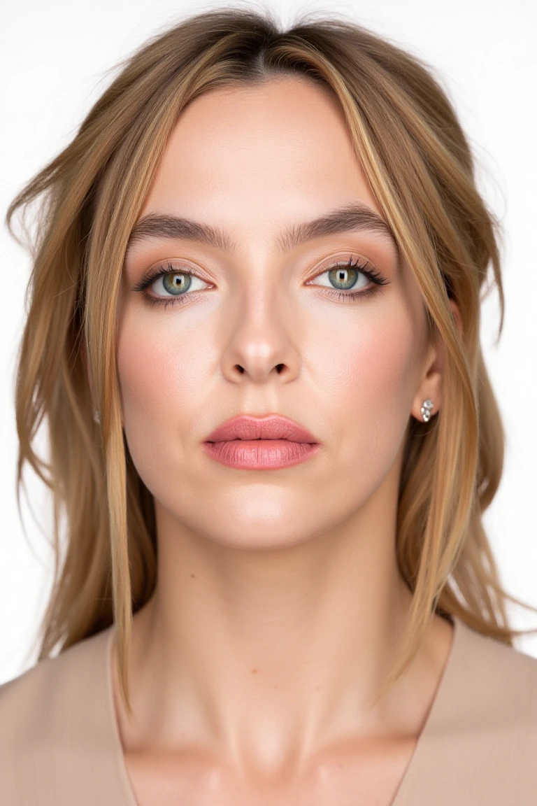 close up face portrait of jodiecflx, a woman in martincstyle look, plain white studio backdrop, framed centered