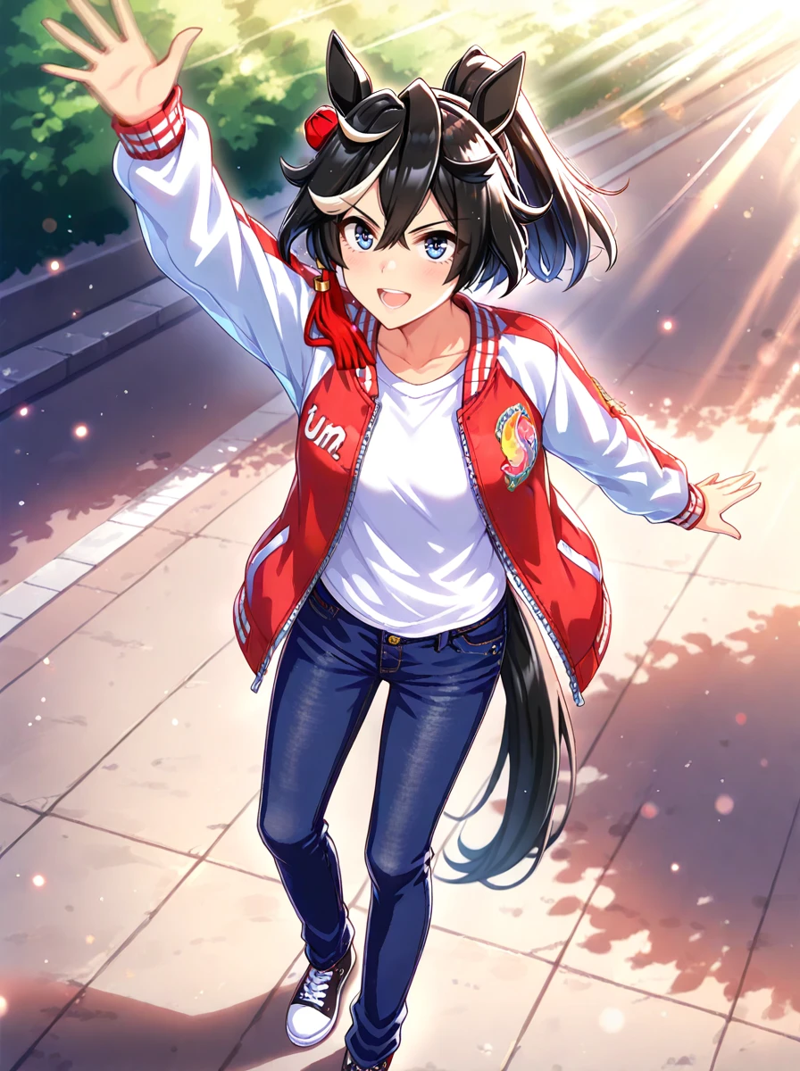 masterpiece, best quality,
katsuragi ace \(umamusume\), 1girl, horse ears,horse tail, long sleeves, ponytail, smile, full body, arm up, black sneakers, open jacket, looking at viewer, tassel hair ornament, standing, red souvenir jacket, white t-shirt, blue jeans
cowboy shot,big smil,open mouth,
light rays,lens flare,light particles,
motion blur, lens flare,outdoors,
<lora:ILL_katsuragi_ace_ver1.01:0.8>