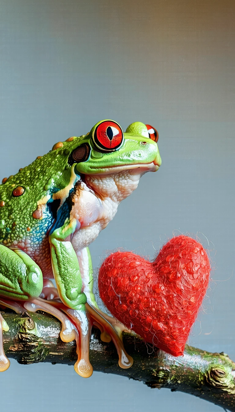 The image depicts a green frog with red eyes and a blue belly perched on a brown branch. To the right of the frog, there is a red heart. The background is a light gray color, providing a neutral backdrop that allows the vibrant colors of the frog and heart to stand out.