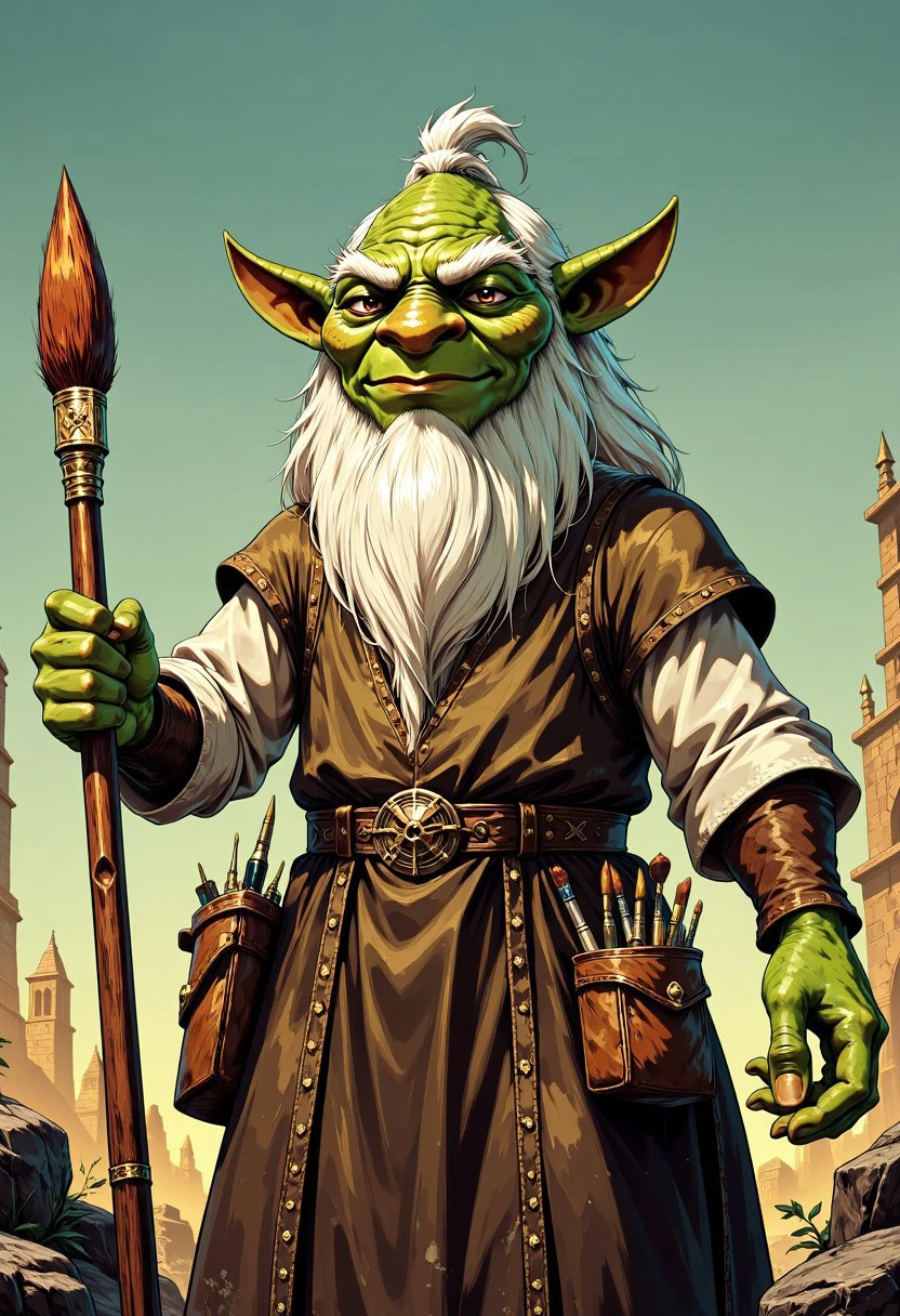 Stylized comic ilustration of green skined gremlin with long white beard, gremlin hold a big brush that is bigger then him, the brush is stained with paint, the gremlin is dressed in renaissance clothing resembling leonardo Da Vinci and an apron, also wears multiple pouches with smaller brushes and sculpting tools sticking out of them