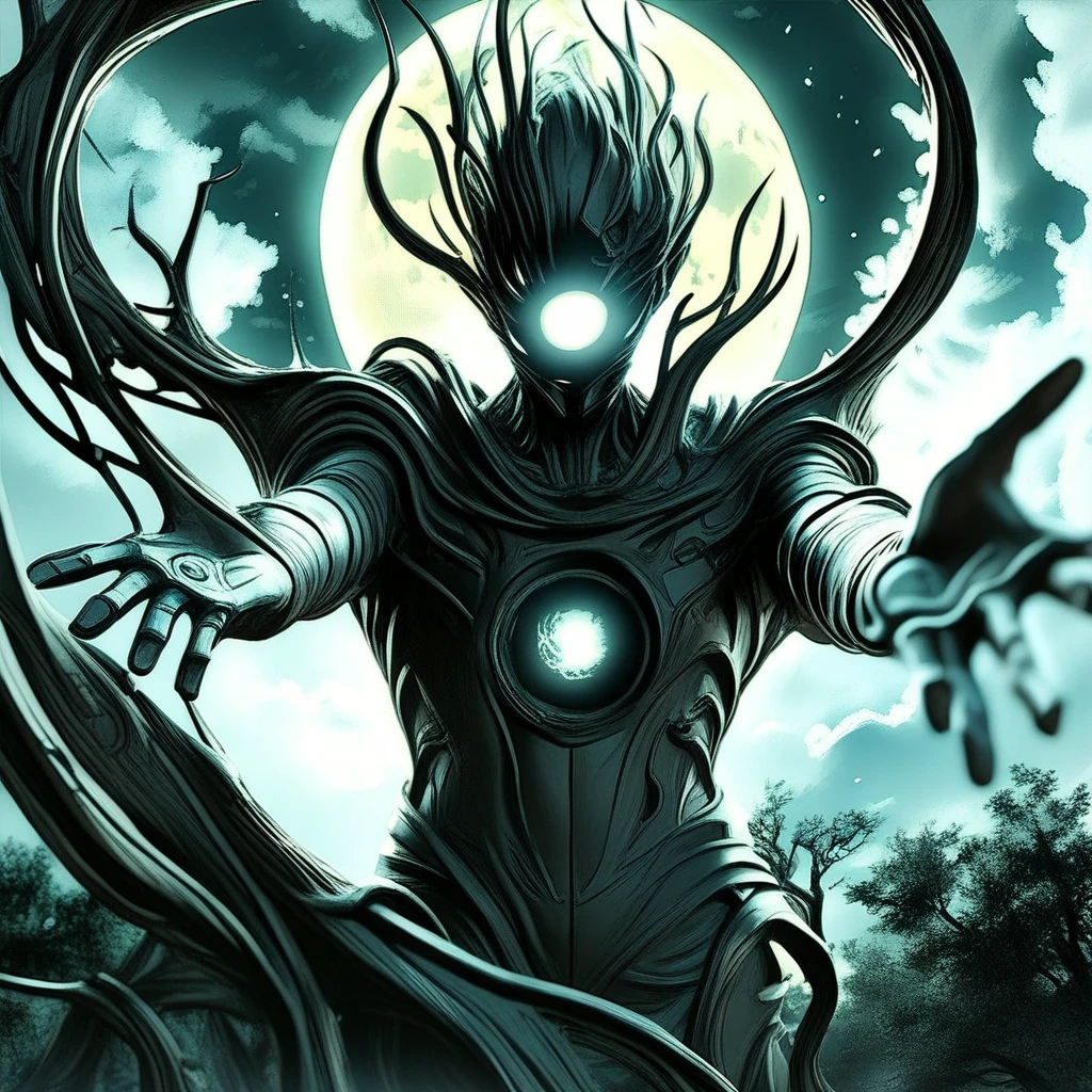 ArsMJStyle, Eldritch Sci-Fi, The image shows a person standing in front of a tree with a light shining through it surrounded by a sky filled with clouds., solo, glowing, moon, 1boy, male focus, glowing eyes, sky, full moon, looking at viewer, outstretched arms