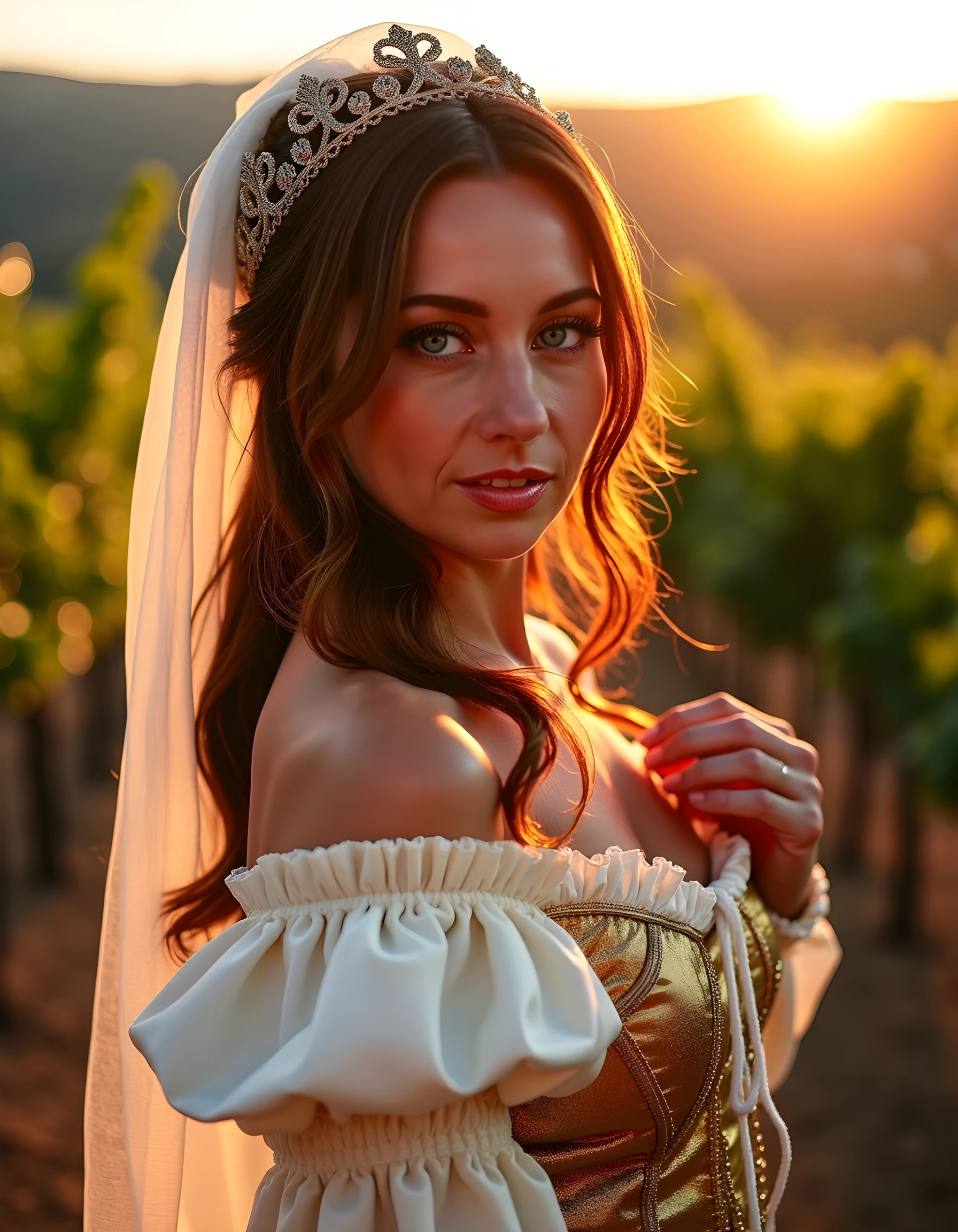 SH4NN0NMD, A captivating close-up image of a woman with long, cascading brown hair that frames her striking blue eyes filled with intrigue, set against the vibrant backdrop of a rustic Italian vineyard during sunset. The woman, dressed in an extravagant Renaissance-inspired gown adorned with gold embroidery and lace, poses elegantly with one hand gently resting on her hip, while her other hand subtly adjusts the veil draped over her shoulder. Soft, warm golden hour lighting illuminates her delicate features, casting shadows that highlight her high cheekbones and full lips, as she gazes directly into the camera with a mysterious and enchanting expression that leaves the viewer captivated by her beauty and the romantic allure of the setting.