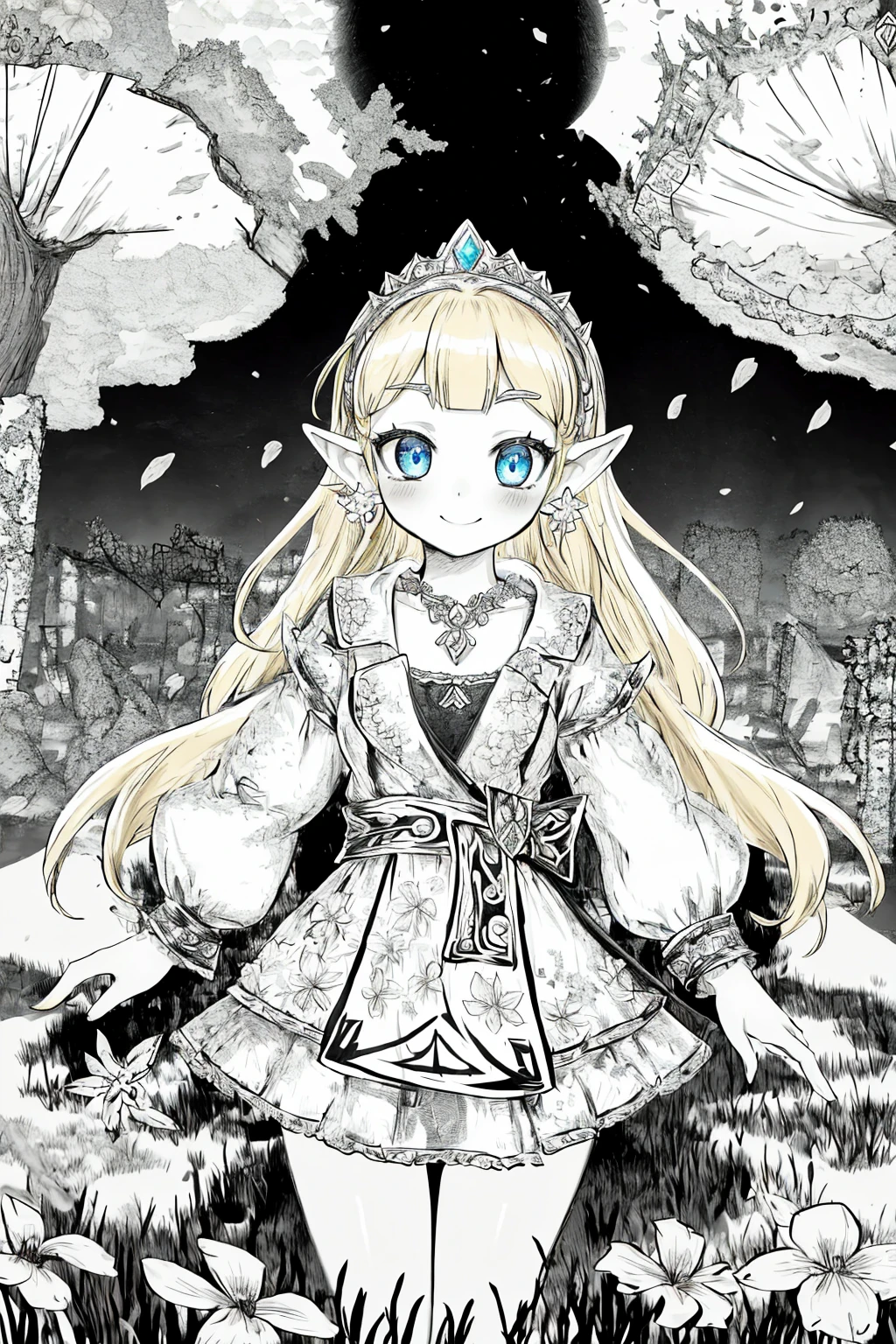 (((monochrome))), masterpiece, ultra-detailed, best quality, illustration, 8k cg wallpaper, an extremely delicate and beautiful, 1girl, Princess Zelda /(The Legend of Zelda/), solo, perfect anatomy, cute face, smiling, blushing, shining eyes, deep blue eyes, beautiful detailed eyes, blonde hair, long hair, sidelocks, cute circlet, cute earrings, cute necklace, perfect arms, perfect legs, cute, pretty, beautiful, sexy, perfect body, (background: flowery field, grass, trees, flowers, ruins, intricately detailed items in background), <lora:tCA:1>