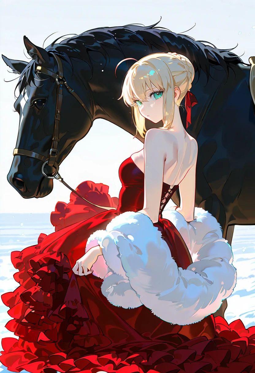 1girl,solo,looking at viewer, echo (circa),ft gown, red dress, fur trim, strapless, frills, saber_(fate),horse, snow