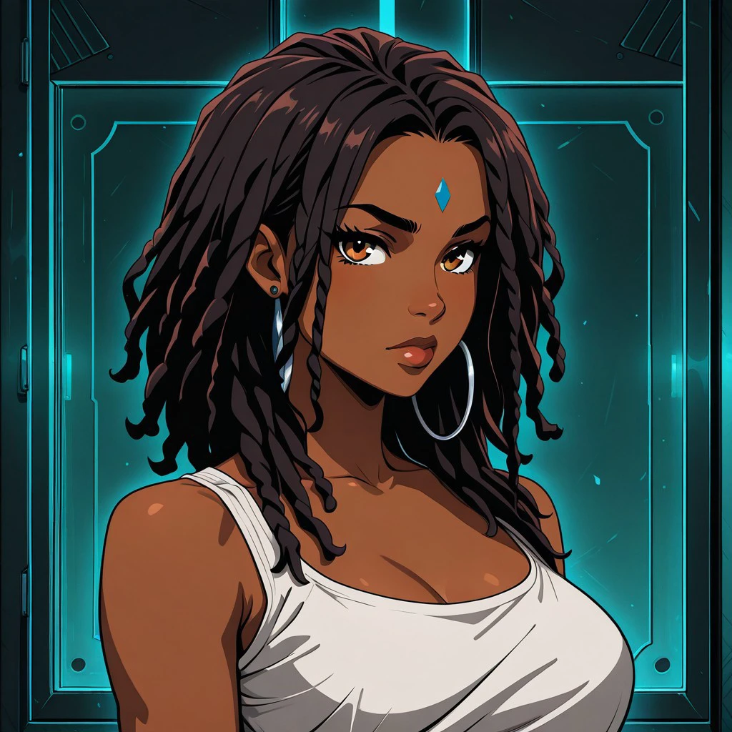 masterpiece, best quality, newest, absurdres, highres,  anime, anime style 1girl, IllustratedafricanfemaleV1.5, dark-skinned female, african female, african, DredlocksIL-V1.5, dredlocks