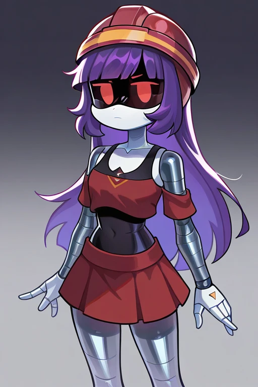 masterpiece, best quality, 2D, 1girl, solo, D0ll, Purple Hair, Red Eyes, Robot, Visor, red helmet, Red Crop Top, Black tank top, red skirt