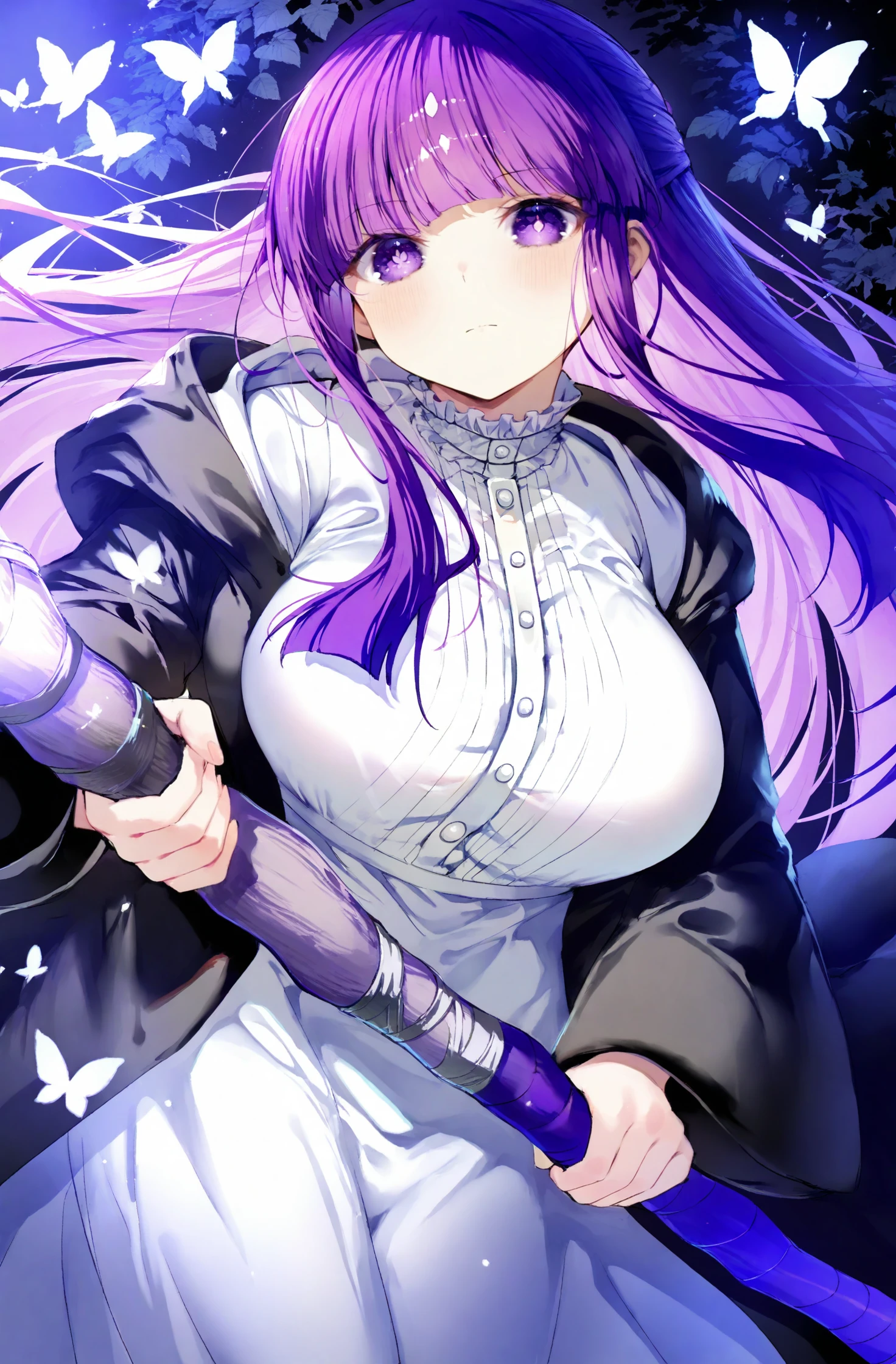 Ultra Detail, NSFW, (((masterpiece))), High resolution, Highly detailed anime art, Cinematic lighting, (((1 girl, perfect anatomy))), accurate right hand, accurate left hand, five fingers, perfect style, Detailed face, Fern, purple eyes, glossy lips, cute face, purple hair, shiny skin, smile, Pure white long sleeve blouse, pure white long skirt, Long skirt, Very long skirt, (Black cloak, Hold the magic wand, Magic Circle), Naughty nipples, naughty pussy, Body line silhouette, Focus on the groin, Shooting up close, Levitation, Dynamic Angle, Fantasy art,