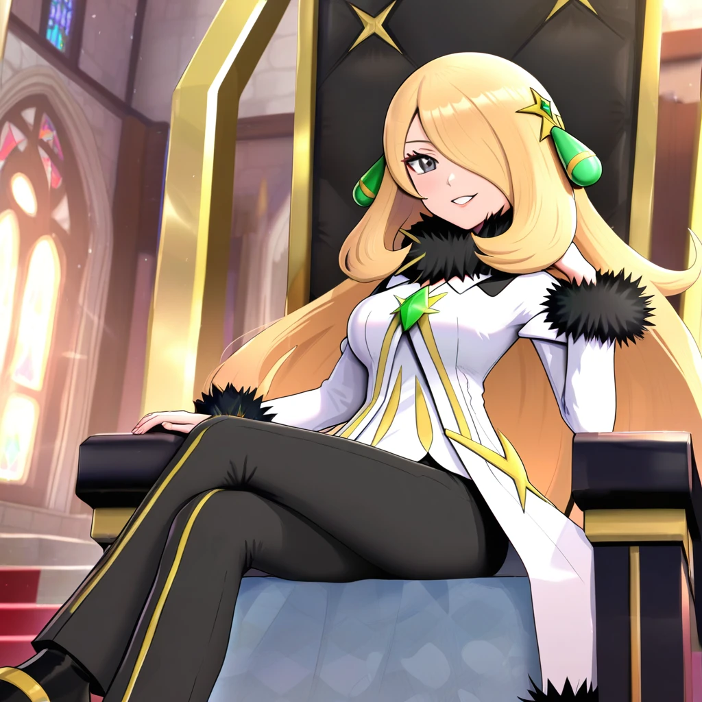 [hinosaki, gonzarez, leveen], (1girl), solo, sitting, on_throne, castle, smile,
arccynthia, [[cynthia_\(pokemon\)]], very_long_hair, blonde_hair, hair_over_one_eye, grey_eyes, emerald_hair_ornament, deatached_sleeves, fur-trimmed_sleeves, white_coat, fur-trimmed_coat, black_fur_trim white_sleeves, fur_collar, black_pants, shoes, black_footwear, official_alternate_costume, medium_breasts, masterpiece,amazing quality, very aesthetic, high resolution ,ultra-detailed, absurdres, newest