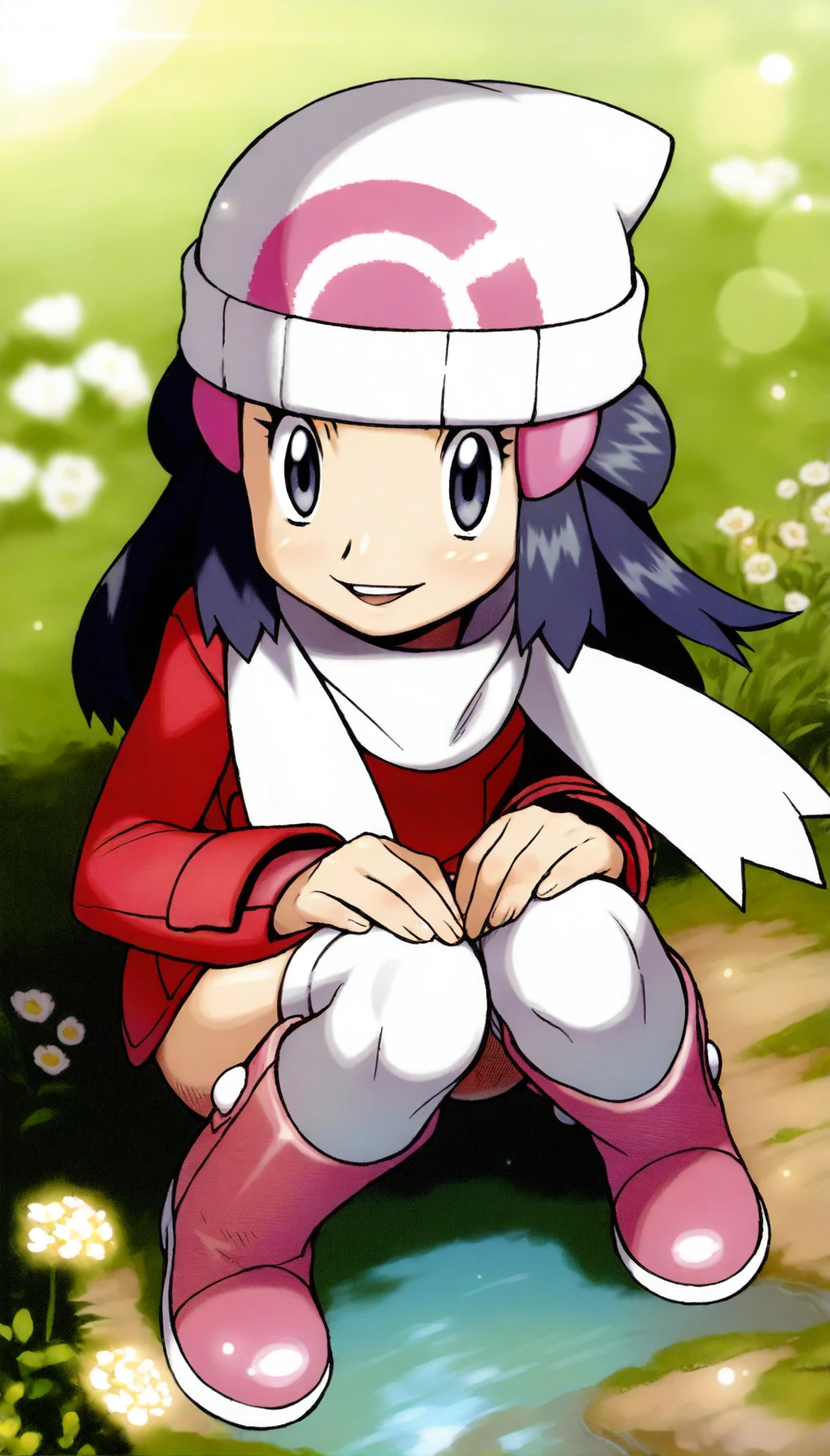 masterpiece,best quality,amazing quality,
<lora:hikaridawnIL:1>,hikaridawn,
1girl,solo,navy blue hair,long hair,
dark blue eyes,looking at viewer,smile,parted lips,
white beanie,pink hair clips,red overcoat,white scarf,
white kneehighs,light pink boots,
squatting,from above,
blurry background,depth of field,soft lighting,light particles,lens flare,fog,
grass,flower,white fence,water,after rain,