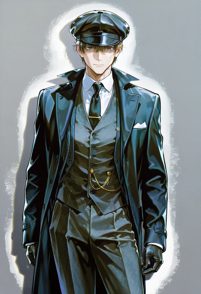 1boy,male focus,solo,looking at viewer, ikeda ruriko,pb clothing, hat, black necktie, black gloves, vest, black coat, white shirt, pants, collared shirt, suit, akechi_gorou