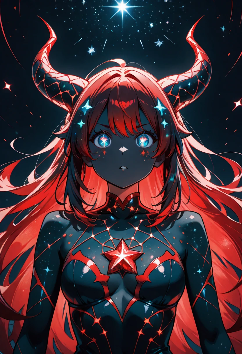 red theme, 1girl, red starry_morph demon, starry_morph  hair, starry_morph  eyes,  <lora:StarryMorphIllustrious:.7>, perfect quality, high quality, masterpiece, absolutely eye-catching, ambient occlusion, raytracing,âââ