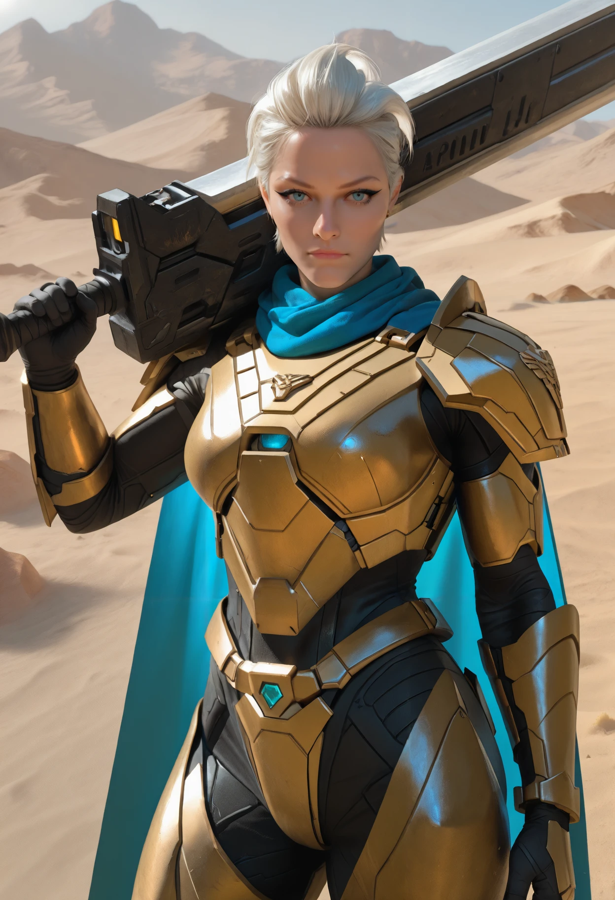 masterpiece, best quality, newest, absurdres, highres, realistic, photorealistic, cowboy shot, sunlight, closed mouth, looking at viewer, 1girl, solo, brititcerknfelle, short hair, white hair, hair slicked back, blue eyes, black eyeshadow, spartan armor, helmet, shoulder armor, breastplate, blue cape, desert, holding huge weapon, weapon over shoulder
<lora:brittenelle fredericks:1>