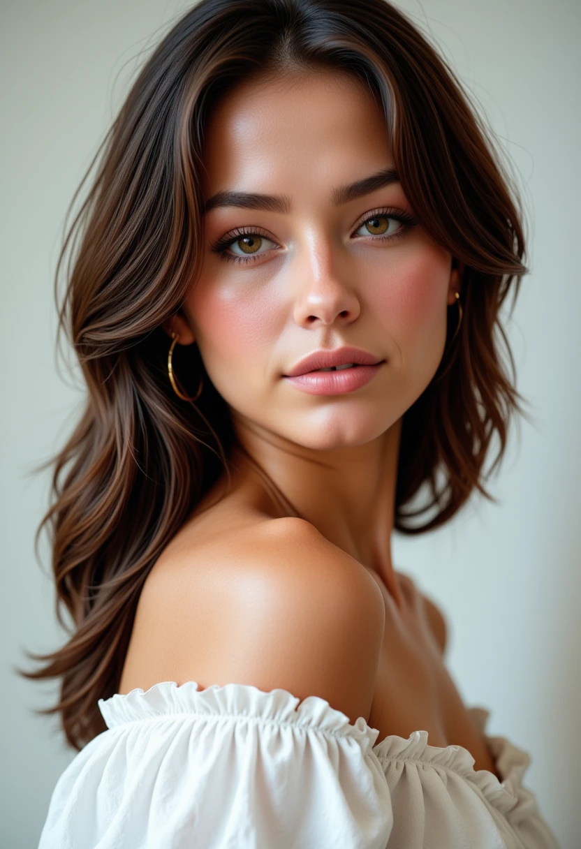 Hyperrealism, she is looking at the camera, (dynamic angles), profile headshots of a beautiful, stunning unique female character. she has brown hair. her brown eyes are filled with joy and excitement, extravagant eyelashes,  A photo of Danny_v4 is wearing a white off-the-shoulder blouse with ruffled sleeves. She has a slight smile on her face and is looking directly at the camera. The background is a simple white wall.. making this image a masterpiece of photography and digital art. Style: realistic hyper-detailed rendering, 32k UHD, expressive eyes, punk, graphic design, girl's face, pretty and cute, gleaming lips, white skin, telling a tale of adventure. Exuding confidence and serenity. The background is a simple white wall. The overall mood of the image is happy and relaxed.RAW candid cinema,16mm,color graded portra 400 film,remarkable color,ultra realistic,textured skin,remarkable detailed pupils,realistic dull skin noise,visible skin detail,skin fuzz,dry skin,shot with cinematic camera,detailed skin texture,(blush:0.2),(goosebumps:0.3),subsurface scattering,beautiful photograph in the style of Augustus John,Sergio Toppi,Virginia Frances Sterrett,8k HD,detailed skin texture,ultra realistic,textured skin,analog raw photo,cinematic grain,whimsical,detailed hand,perfect hand.