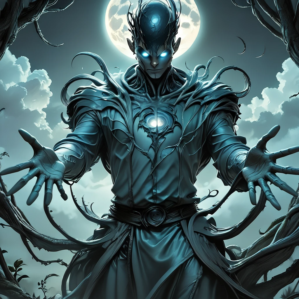 Score_9, score_8_up, score_7_up, score_6_up, BREAK <lora:Eldritch_Sci-FiPony:1> ArsMJStyle, Eldritch Sci-Fi, The image shows a person standing in front of a tree with a light shining through it surrounded by a sky filled with clouds., solo, glowing, moon, 1boy, male focus, glowing eyes, sky, full moon, looking at viewer, outstretched arms