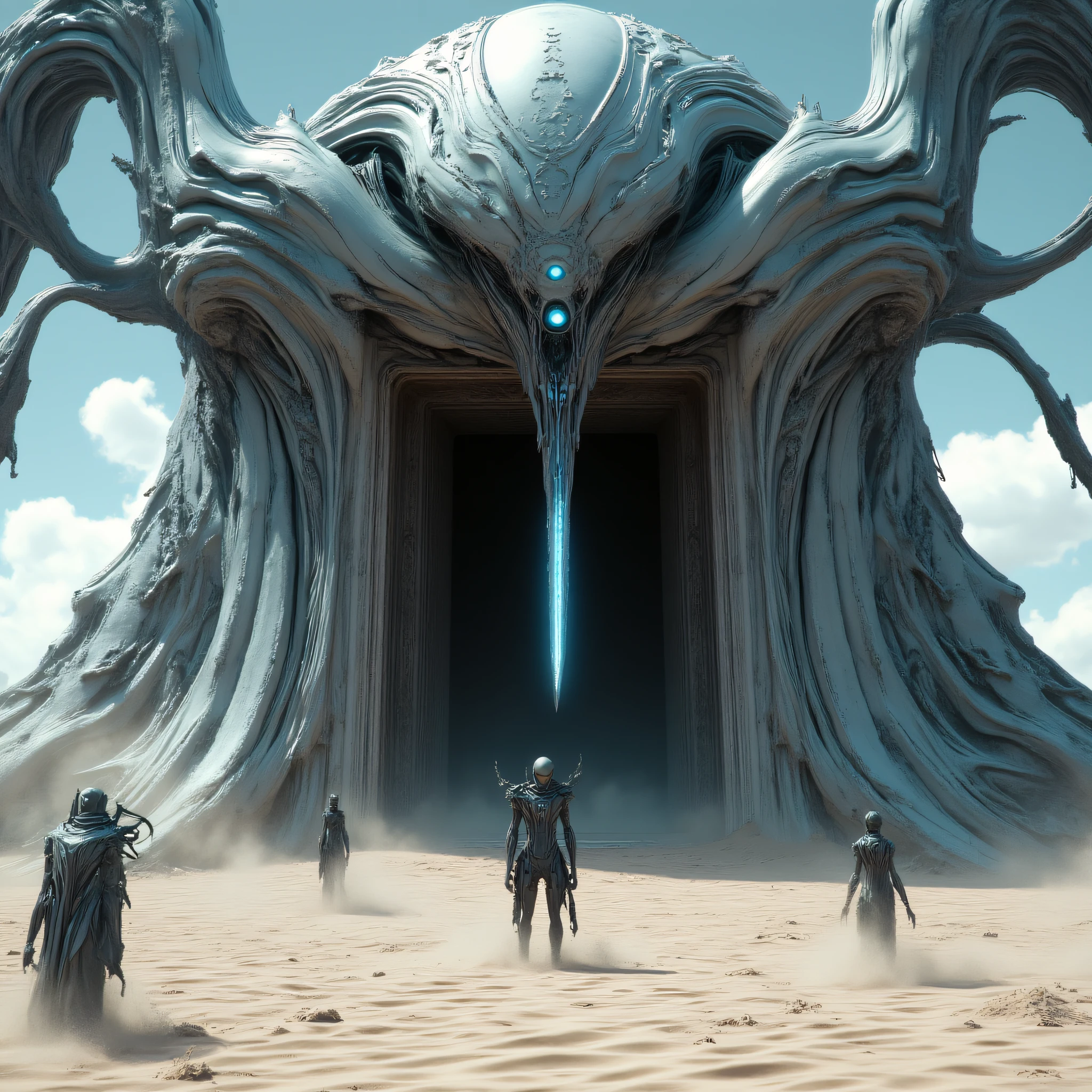 ArsMJStyle, Eldritch Sci-Fi, The image shows a group of people standing in front of a large building with a door surrounded by sand and a sky with clouds in the background. The people appear to be animated giving the image a dynamic feel., monster, weapon, cloud, blue eyes, sky, glowing eyes, sword, glowing, giant, 1boy