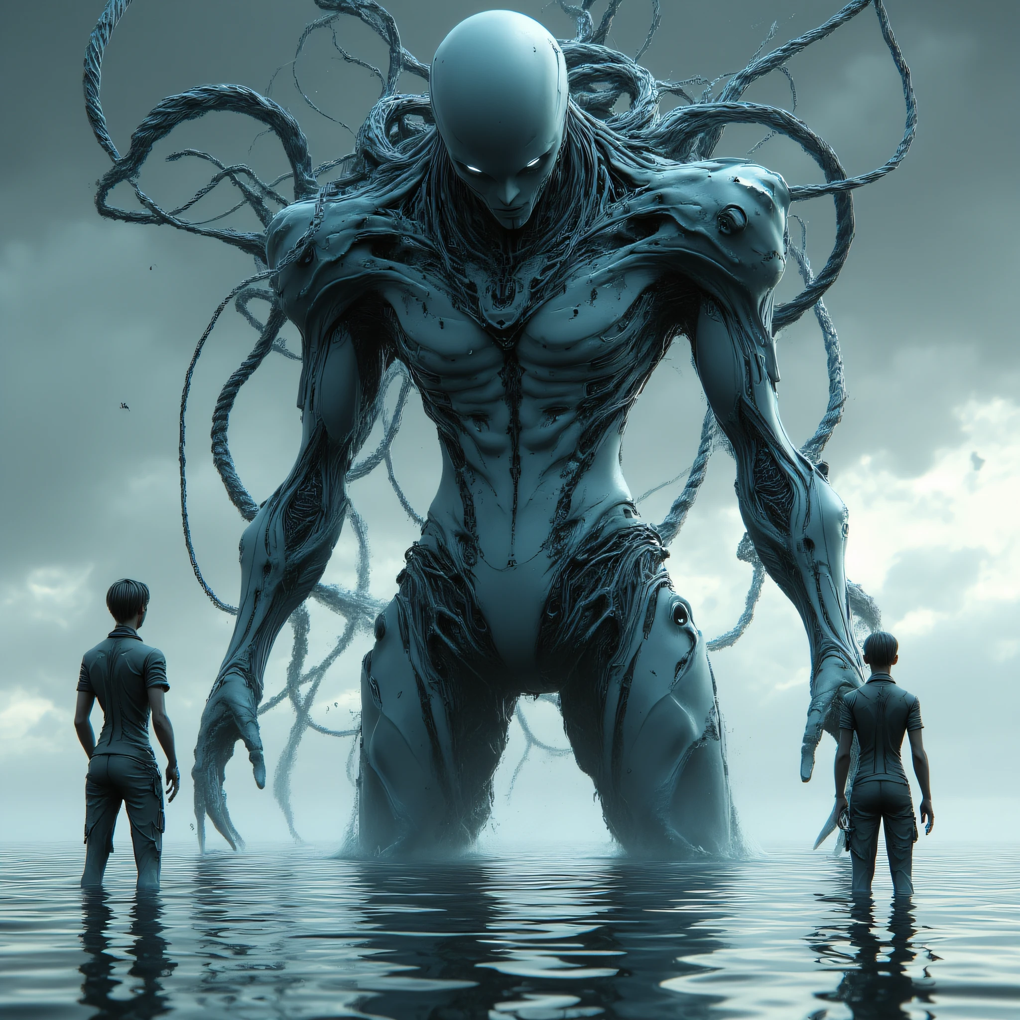 ArsMJStyle, Eldritch Sci-Fi, The image shows a giant robot standing in the middle of a body of water with two people standing on either side of it. The sky is visible in the background creating a mysterious atmosphere., multiple boys, cable, blurry, 2boys, science fiction, depth of field, robot, black hair, standing, size difference