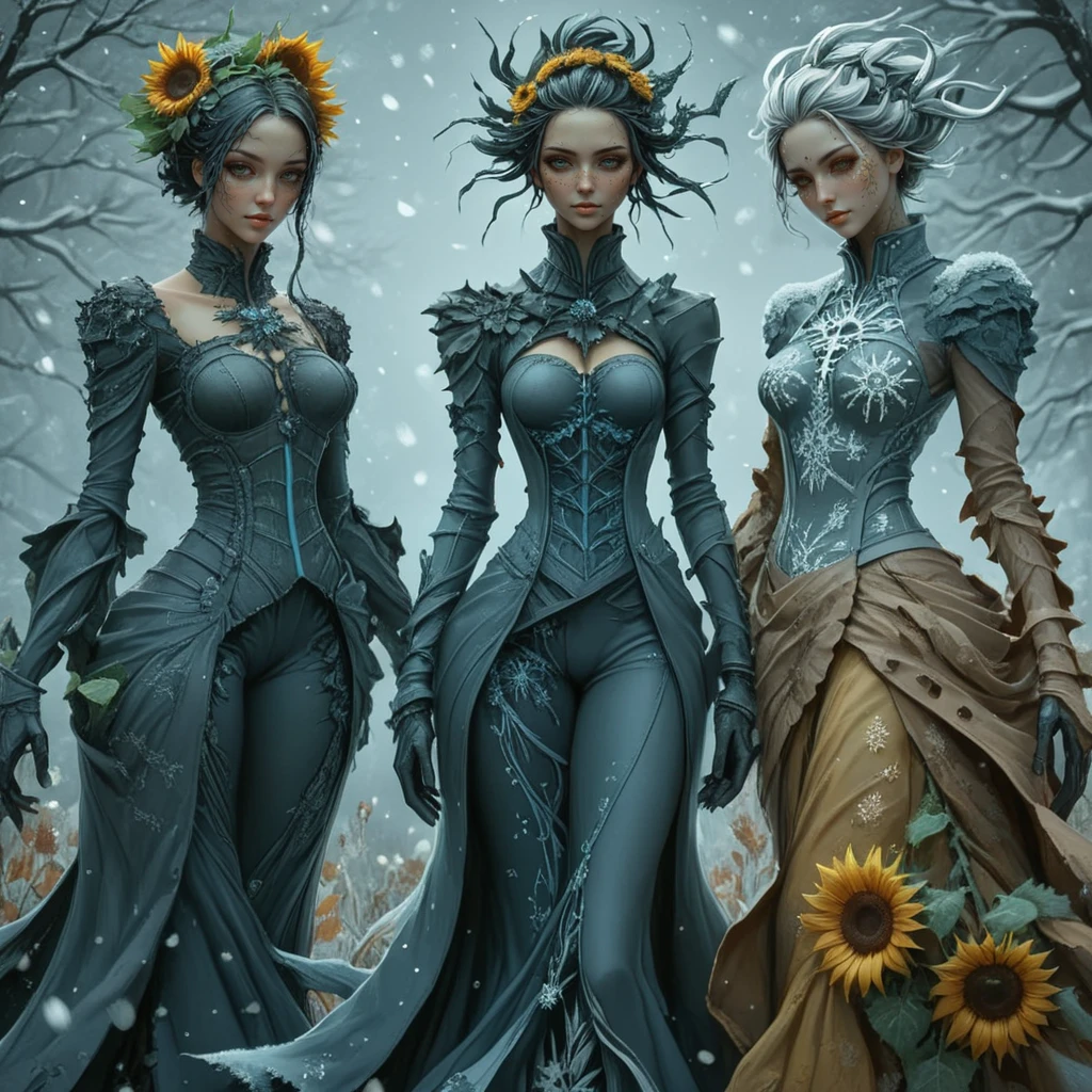<lora:Eldritch_Sci-FiSDXL:1> ArsMJStyle, Eldritch Sci-Fi, four women representing the seasons, each dressed in richly detailed garments. They stand intertwined with the natural elements of their seasons spring blossoms, summer sunflowers, autumn leaves, and winter snowflakes.