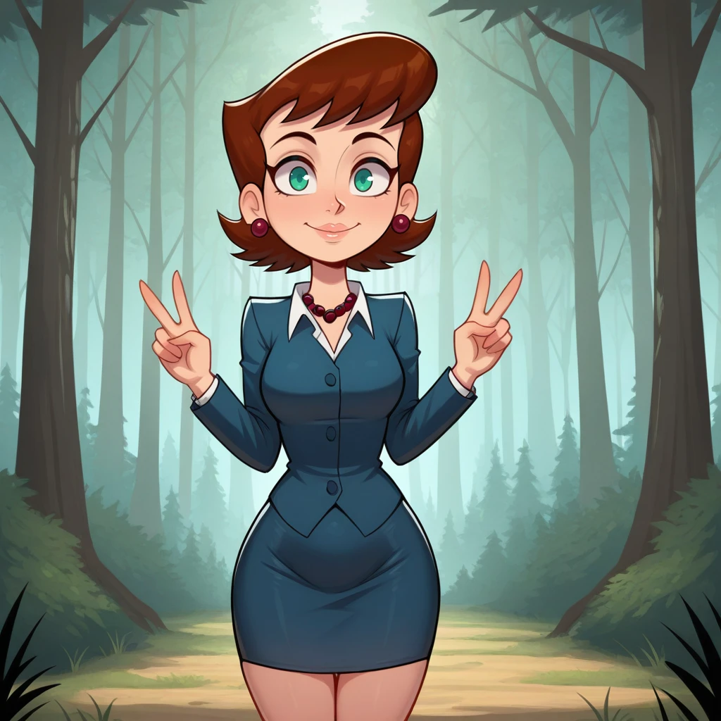 masterpiece, best quality, LilaTest, 1girl, solo, brown hair, short hair, green eyes, earrings, pearl necklace, formal, blue suit, white shirt, pencil skirt, cowboy shot,  <lora:LilaTest_Illustrious_Leaf2:1>, forest, double v,