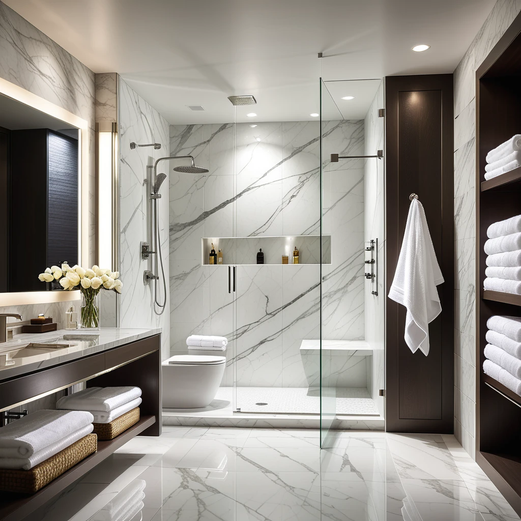 A luxurious glass shower in the interior of a 5-star hotel bathroom. The shower is spacious with floor-to-ceiling glass panels framed in polished chrome. The walls are covered in elegant white marble with subtle grey veining, giving a sophisticated and clean aesthetic. The floor inside the shower features small mosaic tiles in shades of white and silver, adding texture and refinement.
A rainfall showerhead is mounted on the ceiling, crafted from brushed stainless steel, along with a sleek handheld shower on the side wall. Built-in recessed shelving holds neatly arranged high-end toiletries and folded white towels. Soft warm lighting emanates from concealed LED strips, highlighting the reflective surfaces and creating an inviting ambiance.
The shower door is slightly ajar, revealing a fluffy white bathrobe hanging on a nearby hook. Beyond the glass shower, the rest of the bathroom features large-format marble tiles and a floating vanity with a quartz countertop. The atmosphere is serene, modern, and opulent, evoking a sense of calm and indulgence.
<lora:SDXLFaeTastic2400:0.4> <lora:extremely_detailed:0.4> extremely detailed, Masterpiece,best quality,hi res,8k,hi res,8k,award winning,(sharp focus, intricate, highly detailed),