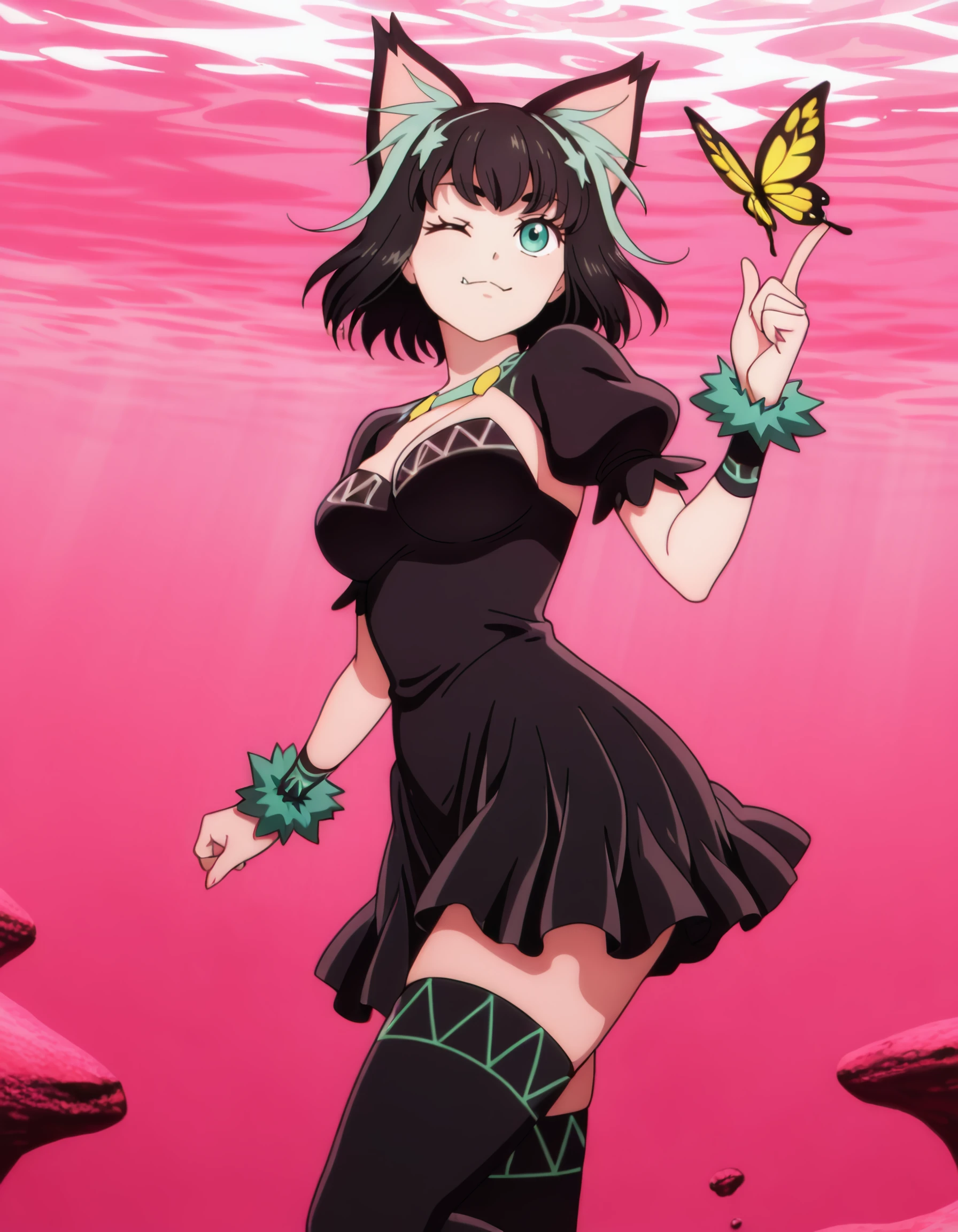 (yaegashi_nan), <lora:tama_il:1> , short_hair, black_hair, cat_ears, green_eyes, tamablack, black_dress_ black_thighhighs, (1girl, solo), 1girl, bug, butterfly, closed_mouth, index_finger_raised, looking_at_viewer, one_eye_closed, pink_background, pink_theme, pokemon_\(creature\), sharp_teeth, smile, teeth, thick_eyebrows, tusks, photorealistic, partially_underwater_shot, masterpiece, detailed, best_quality