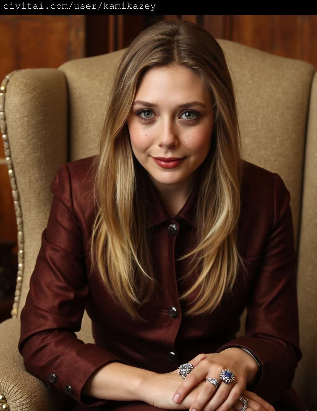 This is a photograph featuring elizabeth_olsen with long, straight, light brown hair parted in the middle, styled in a voluminous, seventies-inspired manner. She has a fair complexion and striking, large green eyes accentuated with heavy, dark eyeliner and mascara, giving her a sultry, yet poised appearance. She is seated in a plush, beige armchair with a textured fabric that adds a touch of warmth to the scene. The background consists of wooden paneling, lending a rustic, retro vibe to the image. 
She is dressed in a matching, rich brown suit with a fitted jacket and a high collar, which exudes a sense of sophistication and confidence. Her hands rest casually on her lap, adorned with several rings, one of which features a large, sparkling gemstone. Her expression is composed yet slightly enigmatic, with a hint of a smirk on her lips. The lighting is soft yet illuminating, casting subtle shadows that enhance the textures of her hair and clothing. The overall mood of the photograph is one of timeless elegance and introspection.