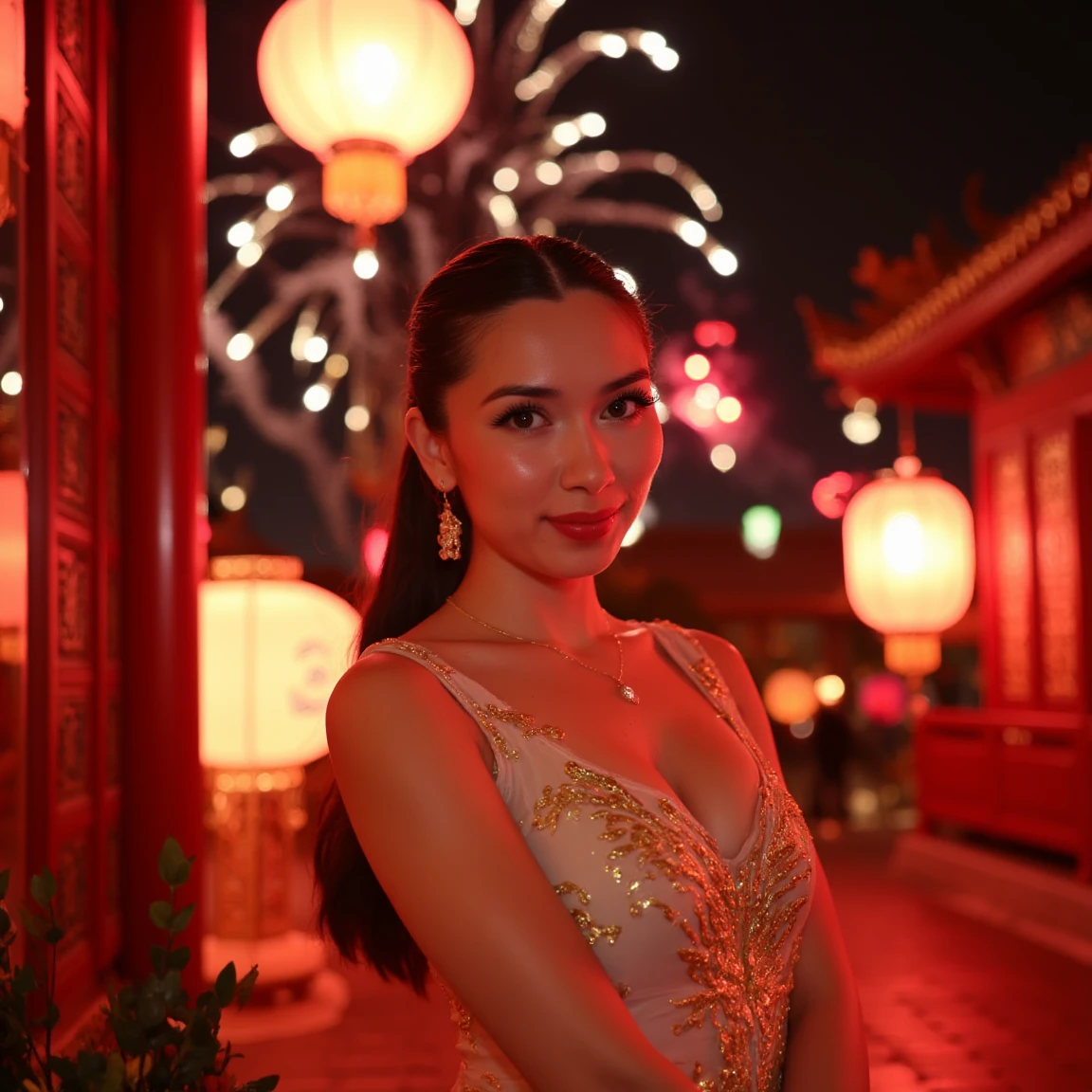 (A cinematic shot of <lora:Kailey_Mae:1> a young woman with a light to medium skin tone. a stunning female model, elegant ponytail hairstyle, makeup and mascara. there is a slight smirk on her face. She is wearing a modest traditional chinese silk dress, it is form fitting and sleek featuring intricate gold details, standing in an ancient Chinese temple during a lunar new year celebration, looking at the viewer. colorful fireworks illuminate the scene at night)